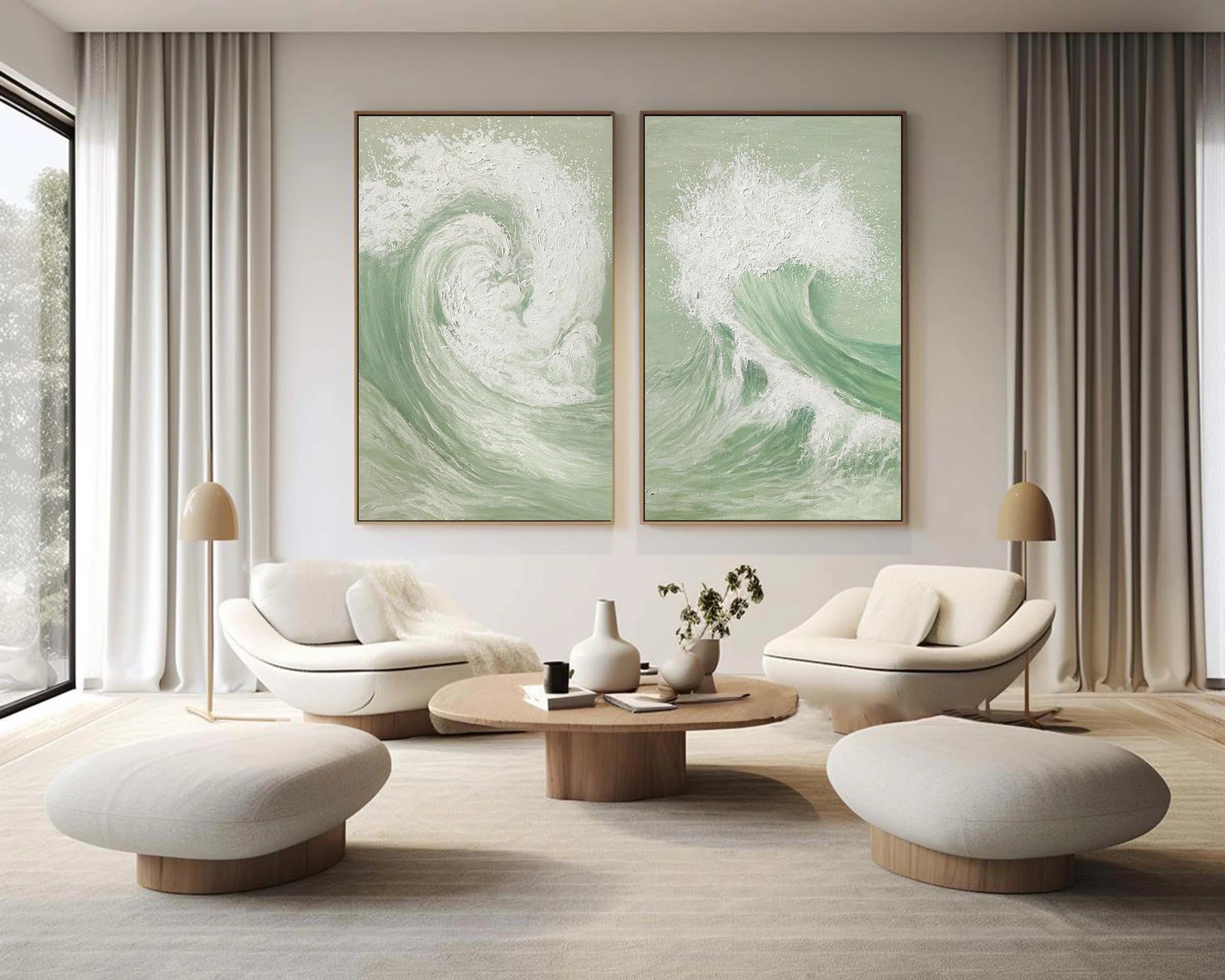 Green & White Wave Art Set - Textured Coastal Paintings #JJ 194