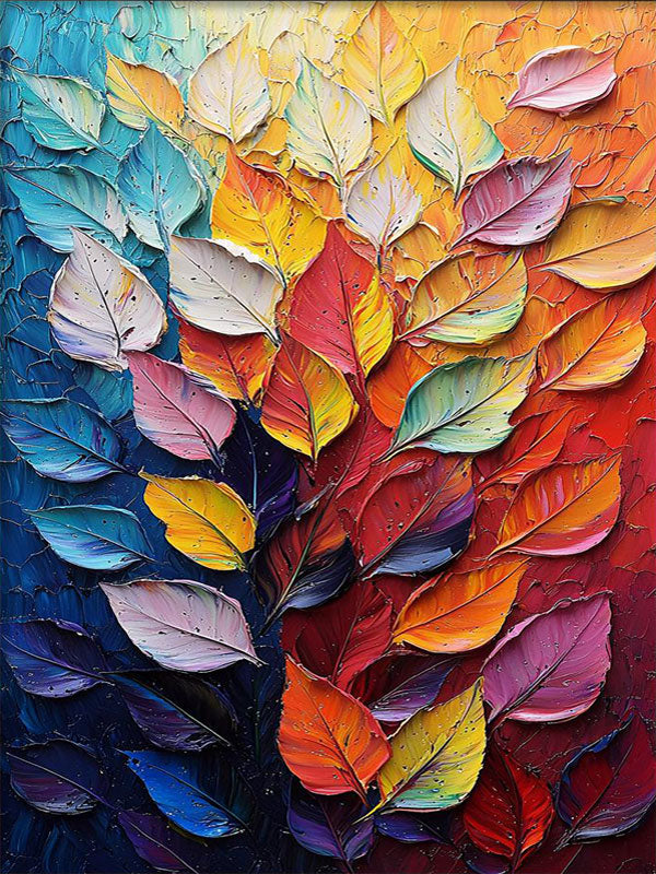 Colorful Leaf Wall Art | Large Vertical Textured Abstract Painting #ZZ 182