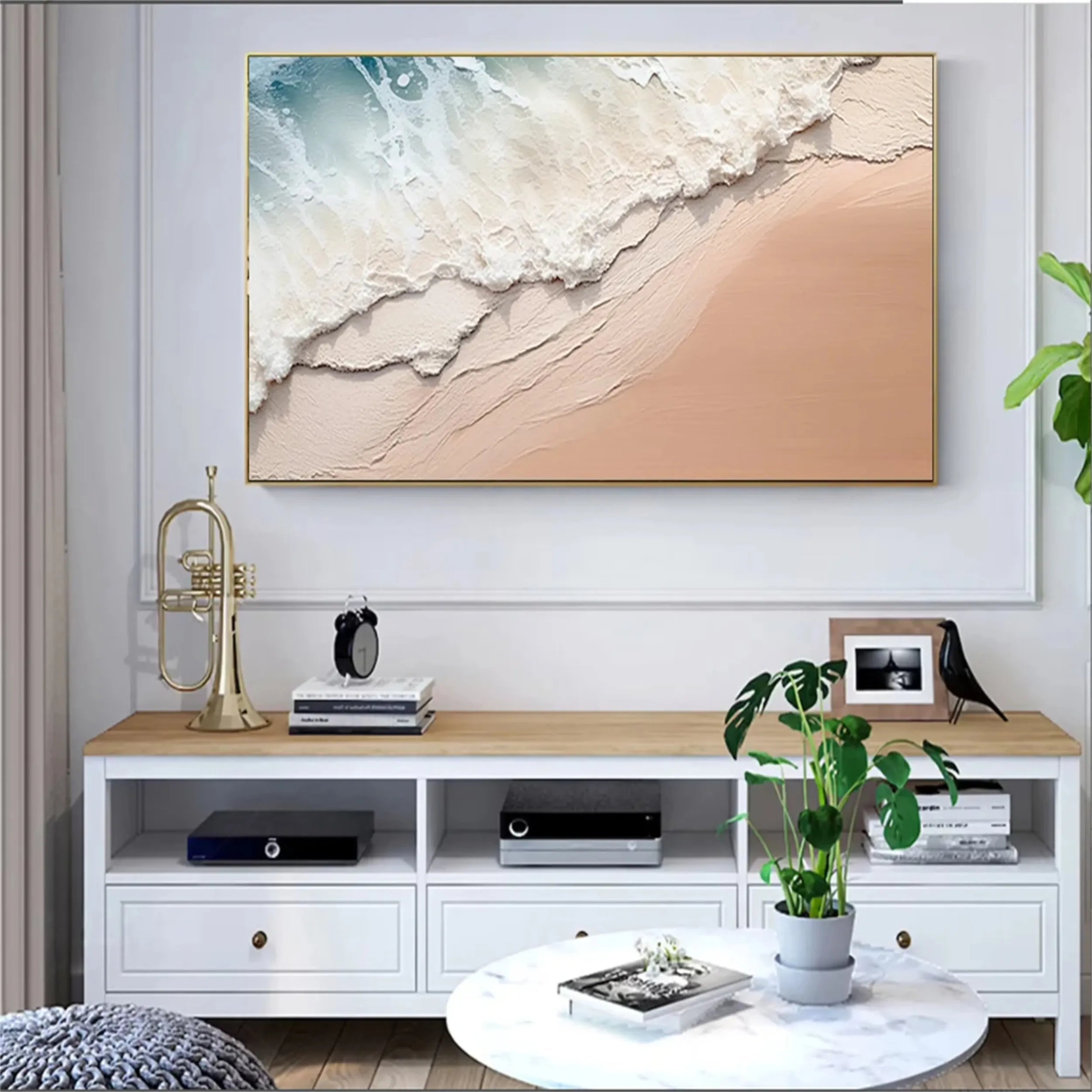 Large Textured Beach Wall Art | Abstract Ocean Wave & Sand Canvas #ZZ 076