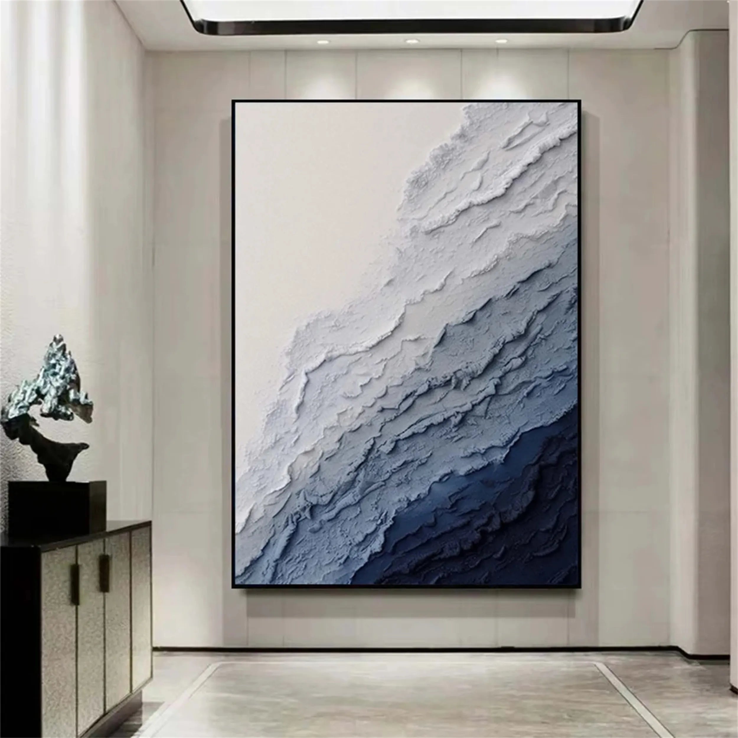 Vertical Beige and Blue Textured Abstract Oil Painting - Modern Serene Art #JJ 129