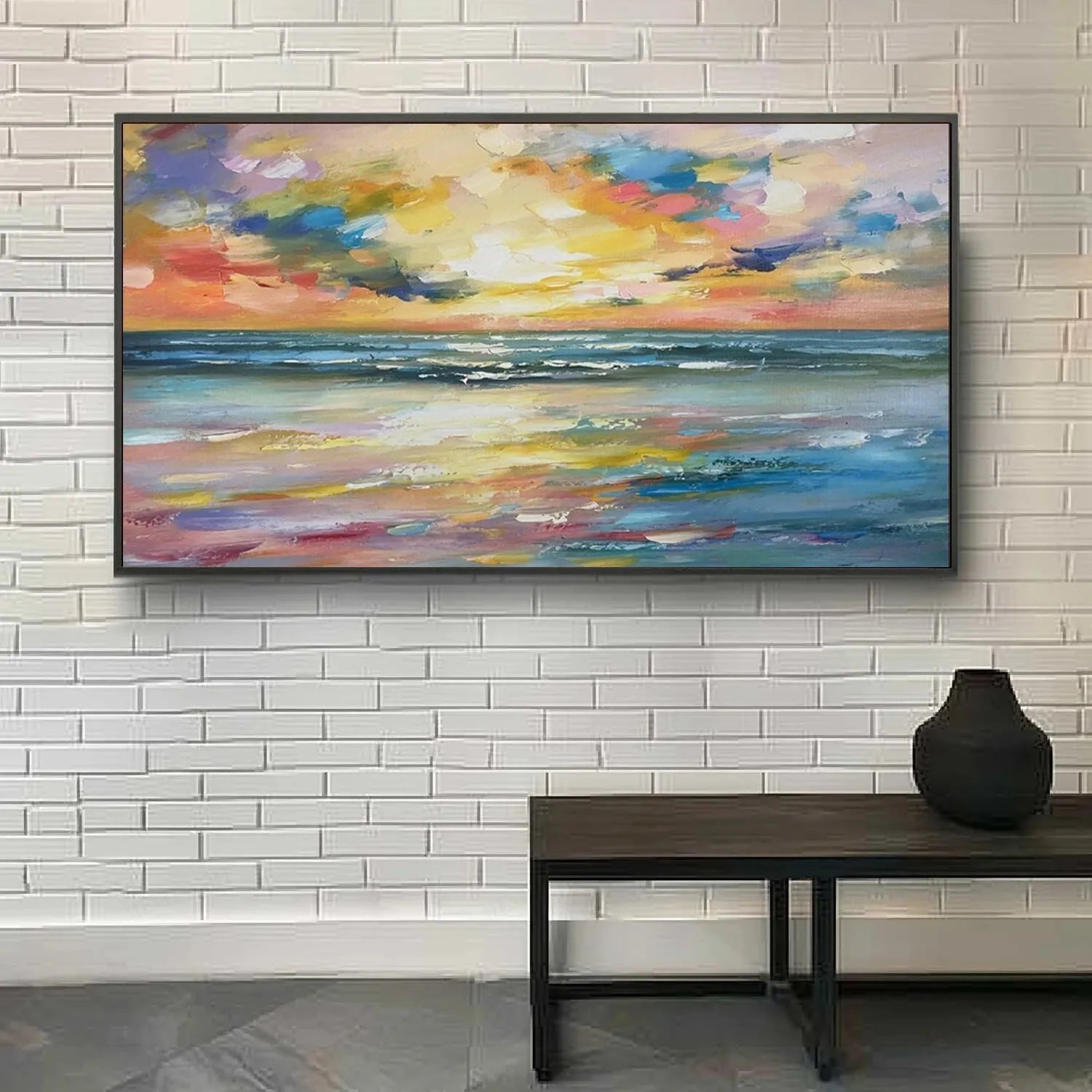 Colorful Sunset Seascape Art - Textured Ocean Oil Painting #JJ 192