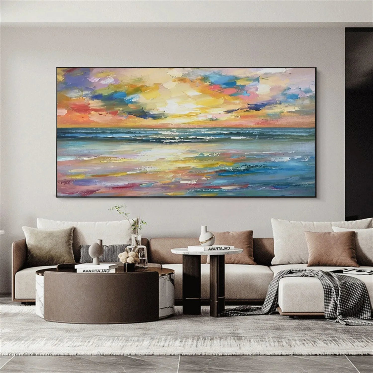 Colorful Sunset Seascape Art - Textured Ocean Oil Painting #JJ 192