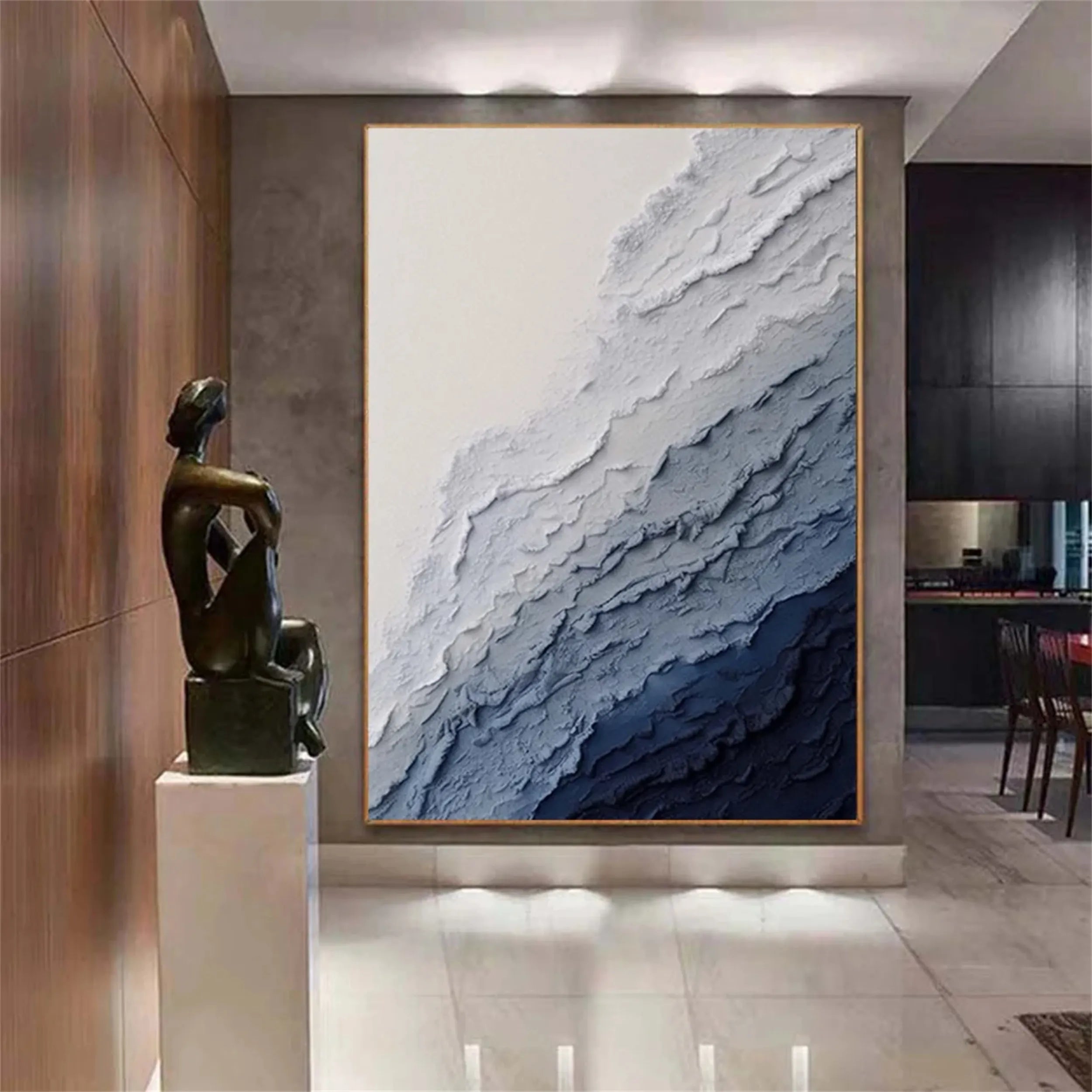 Vertical Beige and Blue Textured Abstract Oil Painting - Modern Serene Art #JJ 129