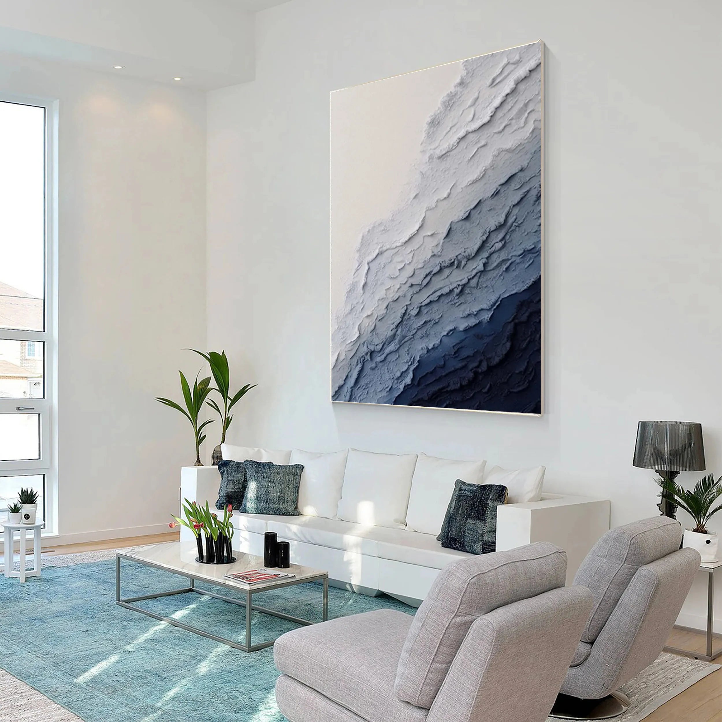Vertical Beige and Blue Textured Abstract Oil Painting - Modern Serene Art #JJ 129
