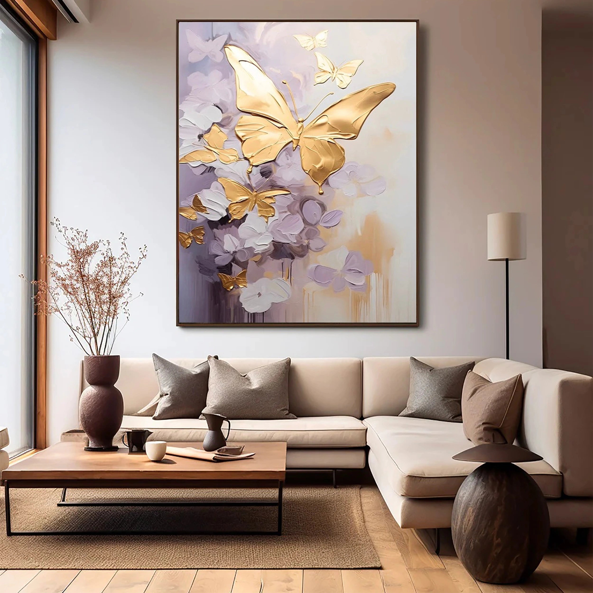 Large Gold Butterfly Purple Floral Canvas Wall Art #ZZ 212