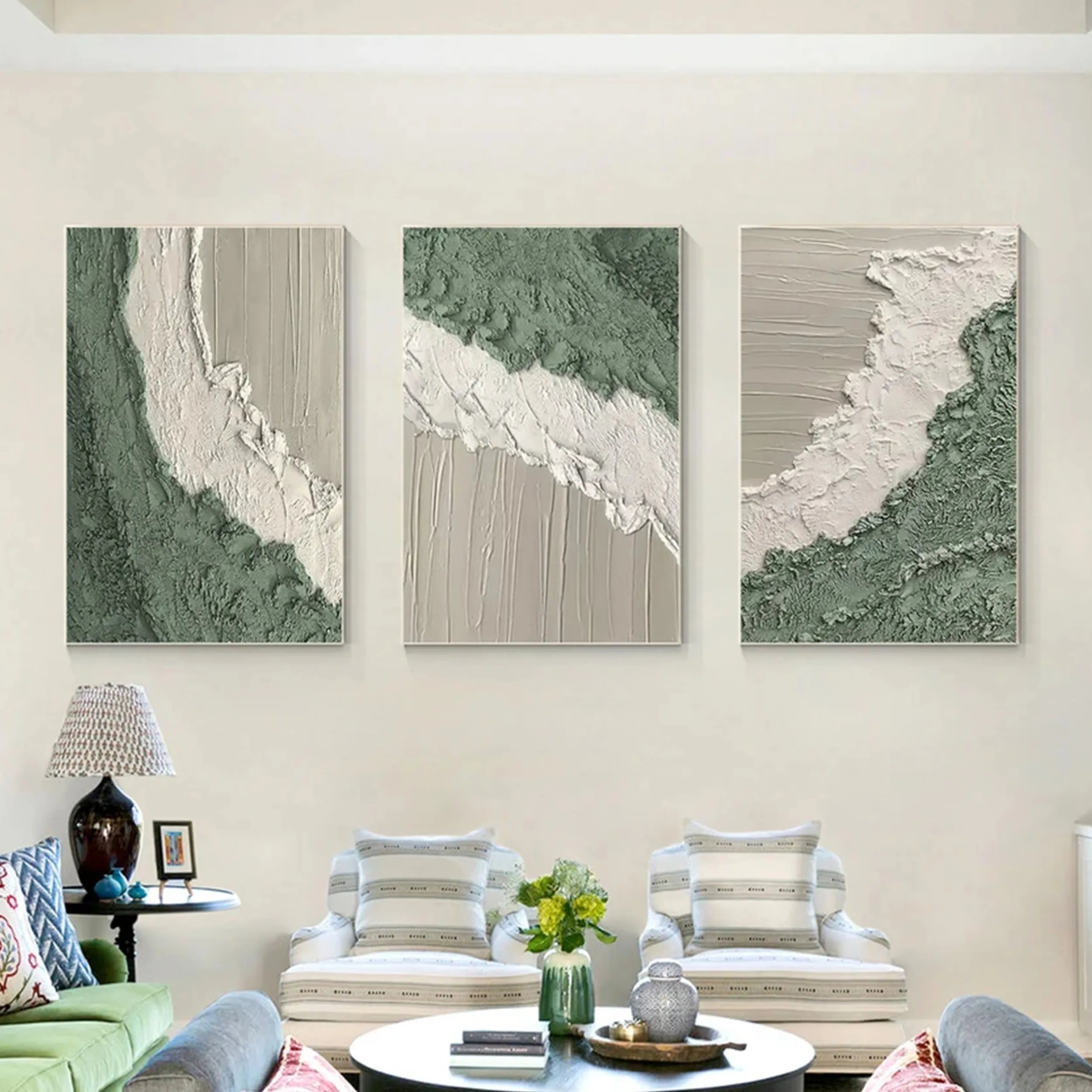 3 Piece Green and White Modern Wall Art for Living Room #JJ 212