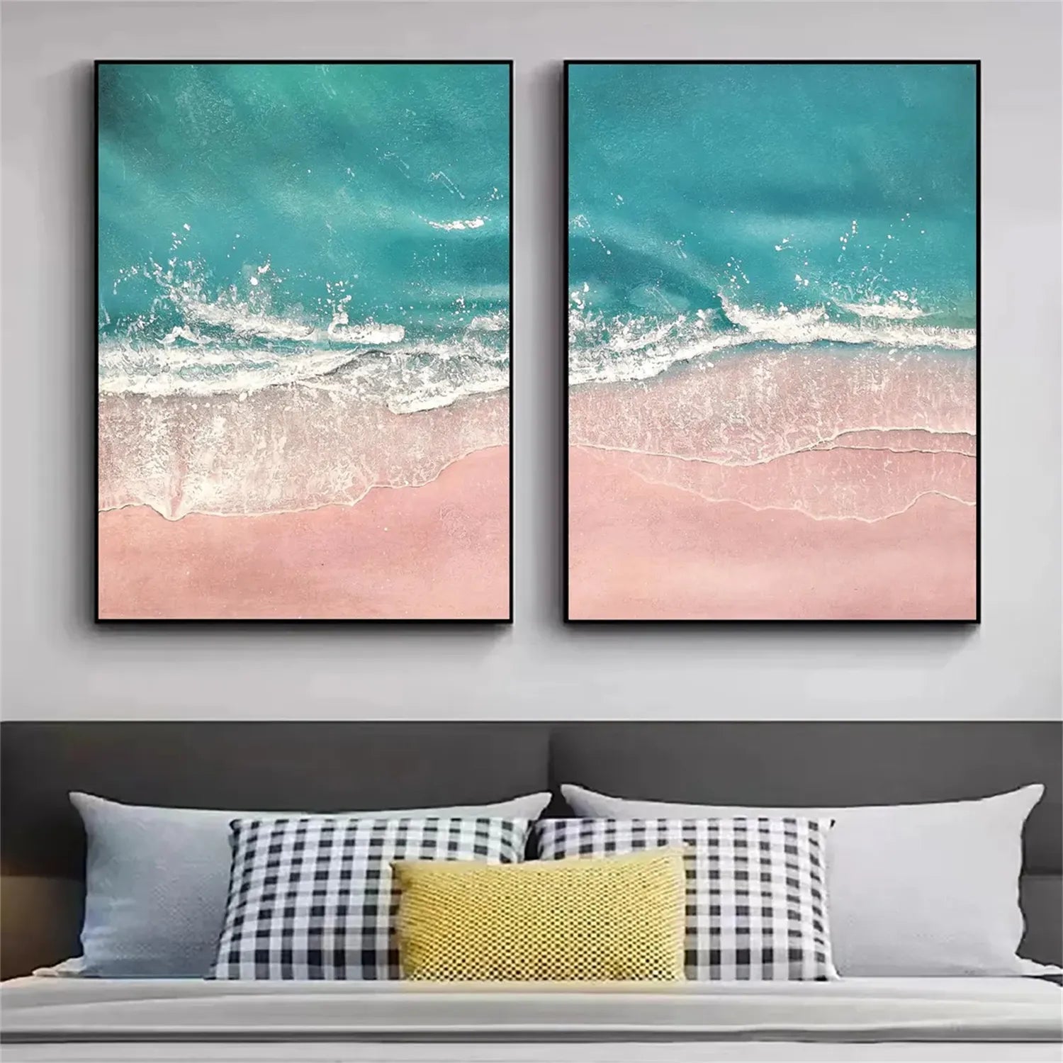 Pink Sand Blue Ocean Art - Aerial Beach Painting Wall Decor #JJ 196