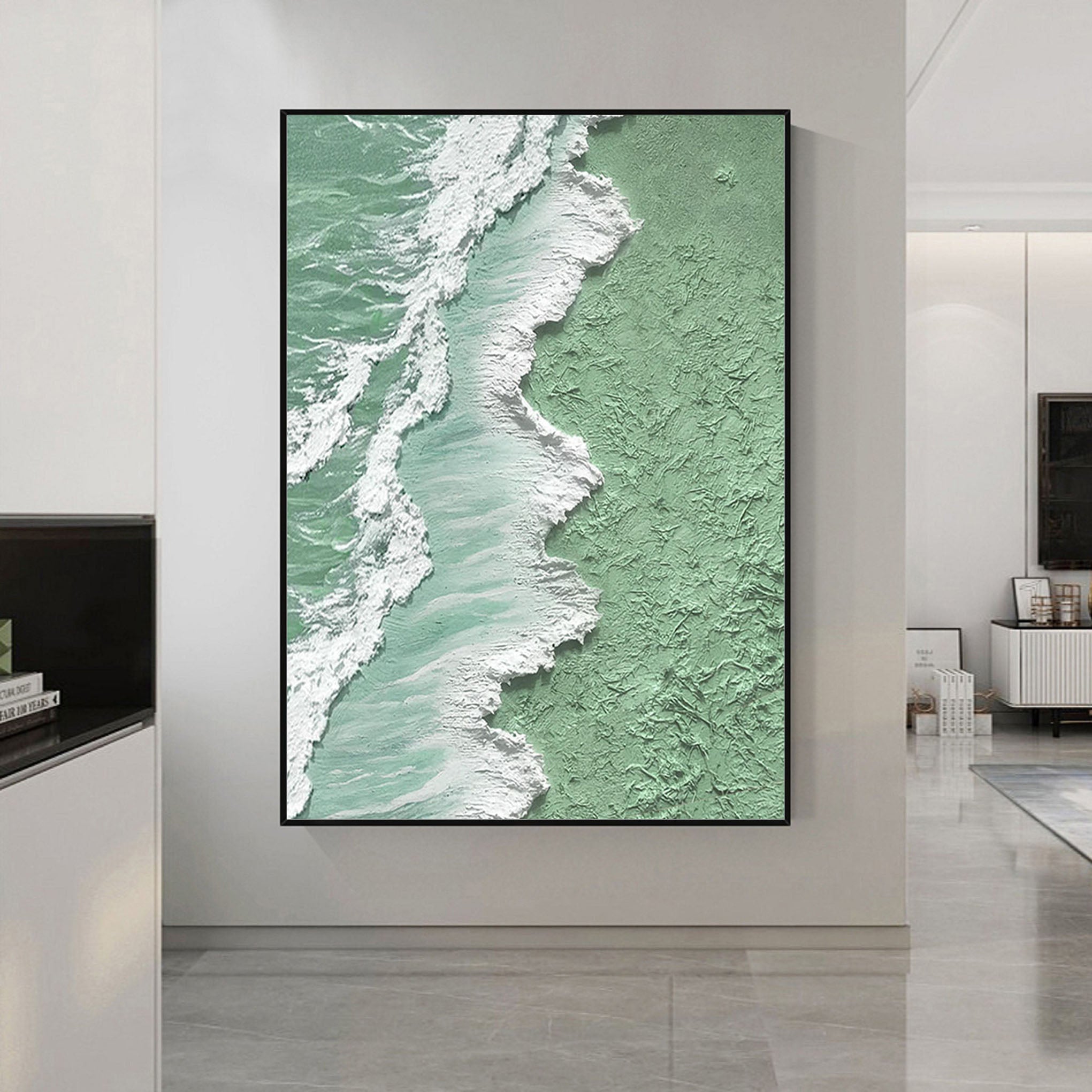 Textured Green Ocean Wave Art | Vertical 3D Coastal Canvas #ZZ 056