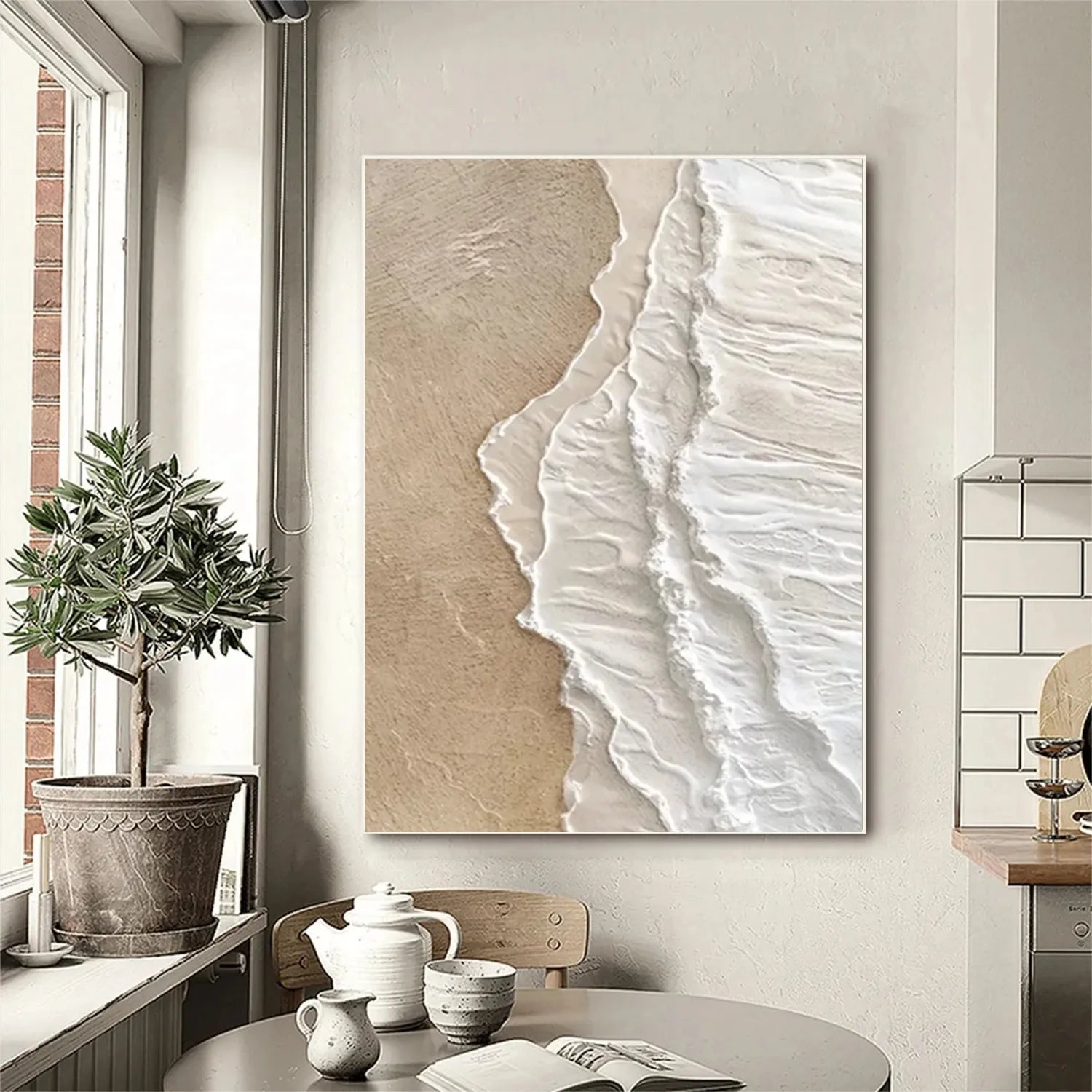Vertical Beige and White Textured Beach Abstract Oil Painting - Modern Serene #JJ 135