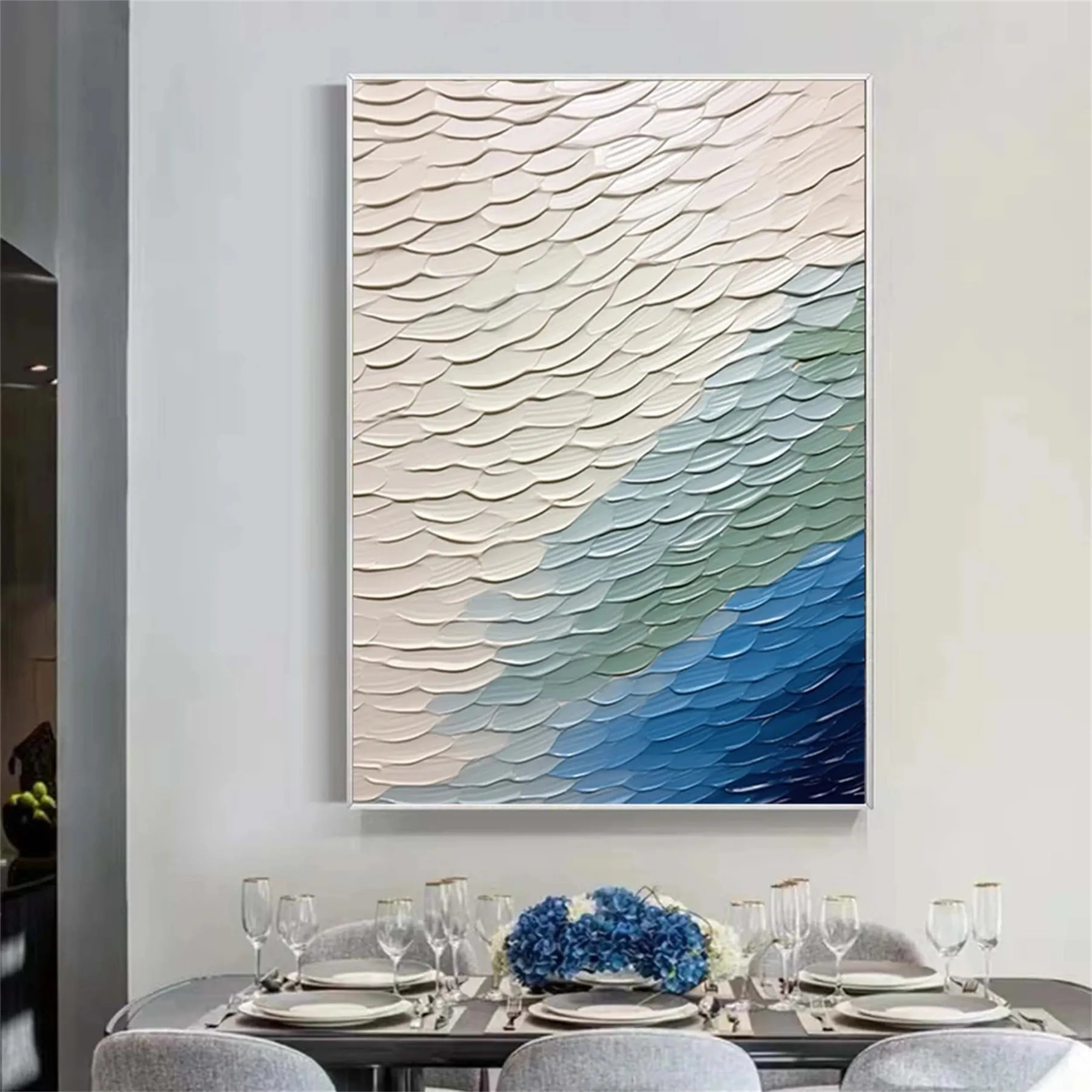 Unique White Blue Green Textured Abstract - Modern Serene Art Gift #JJ 128