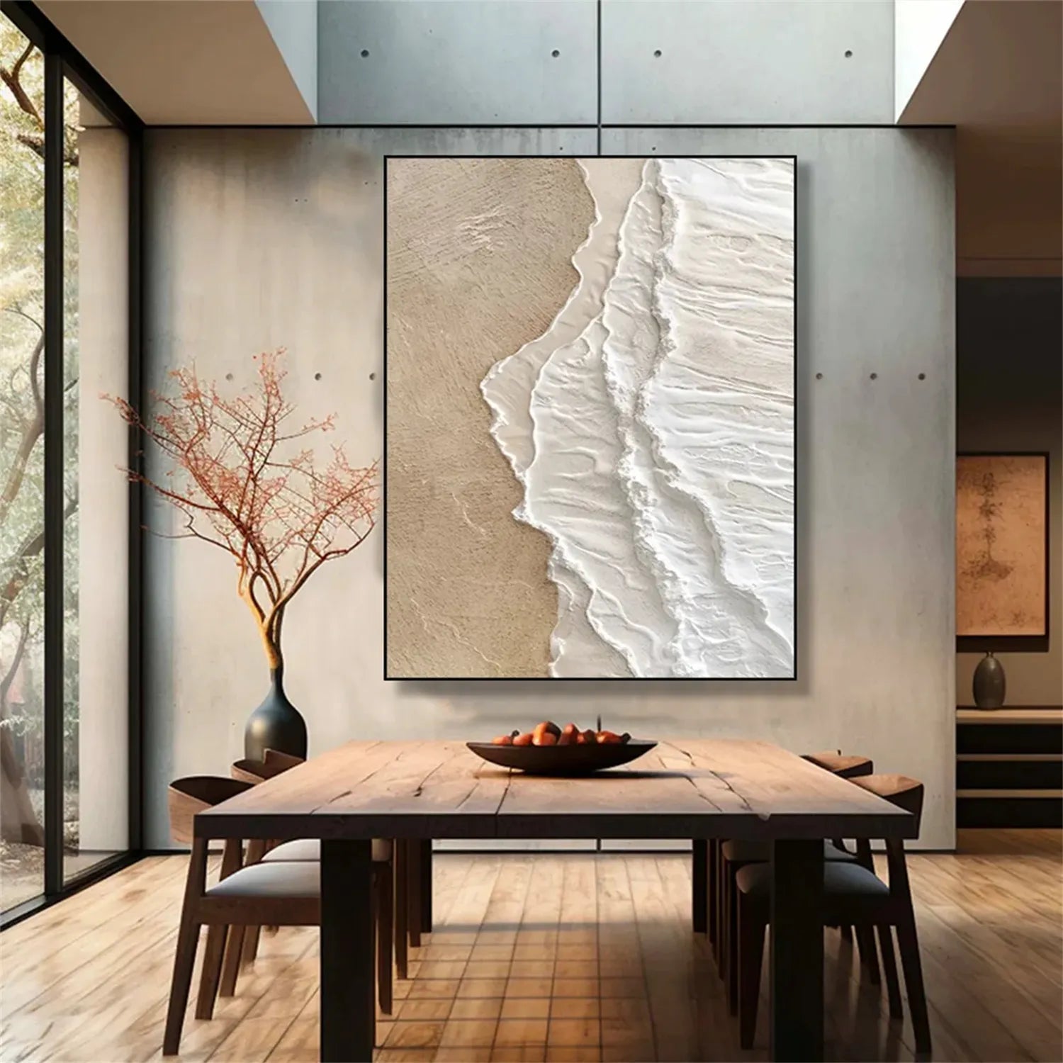 Vertical Beige and White Textured Beach Abstract Oil Painting - Modern Serene #JJ 135