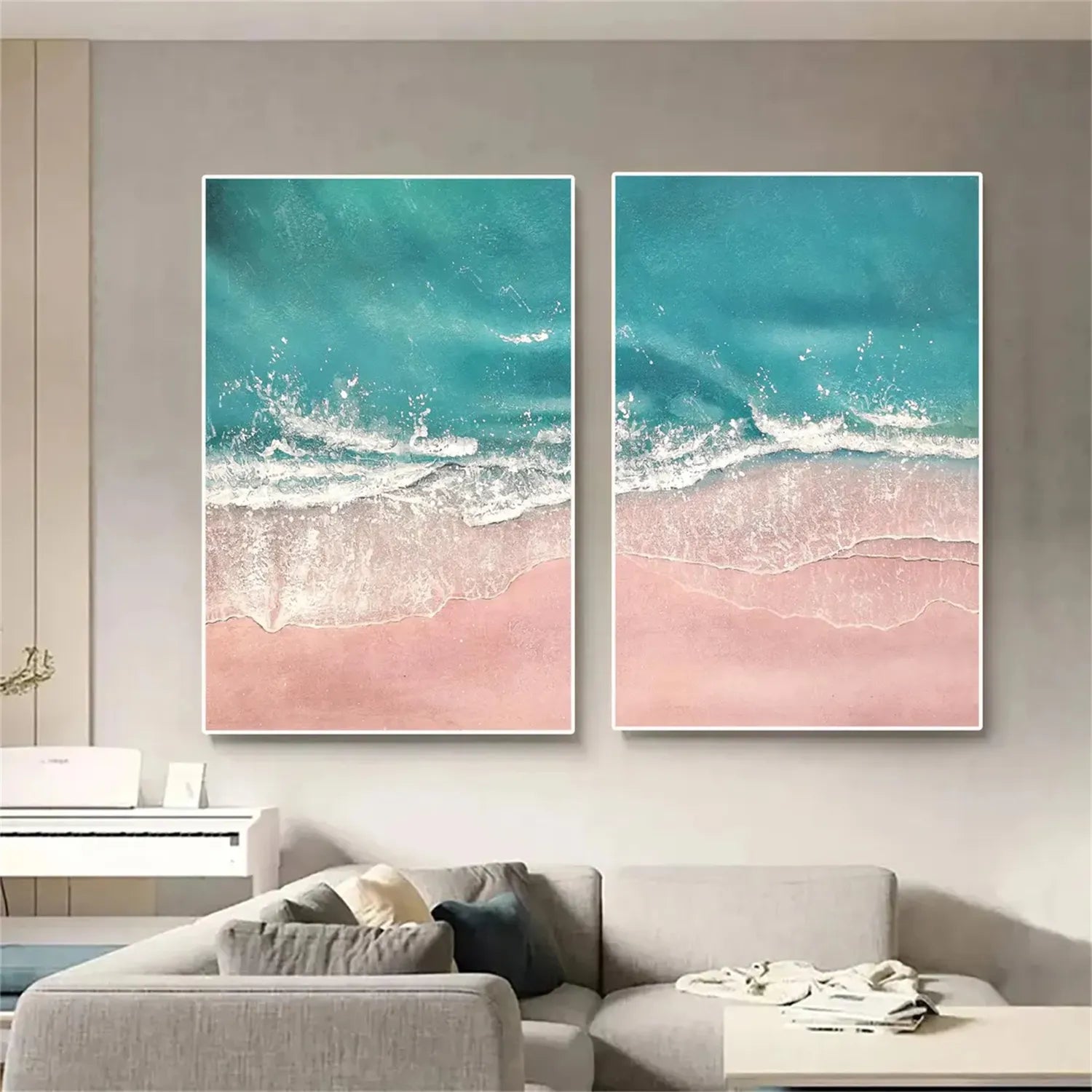 Pink Sand Blue Ocean Art - Aerial Beach Painting Wall Decor #JJ 196