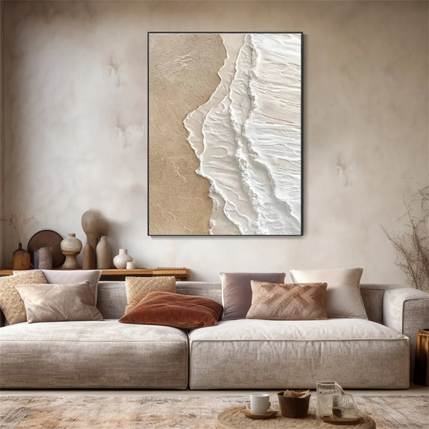 Vertical Beige and White Textured Beach Abstract Oil Painting - Modern Serene #JJ 135