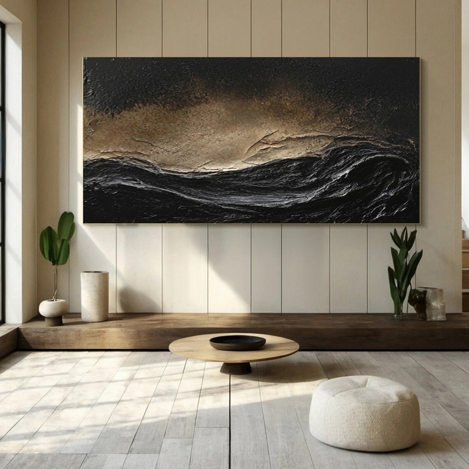 Oversize Black Gold White Textured Abstract Oil Painting - Modern Art #JJ 176