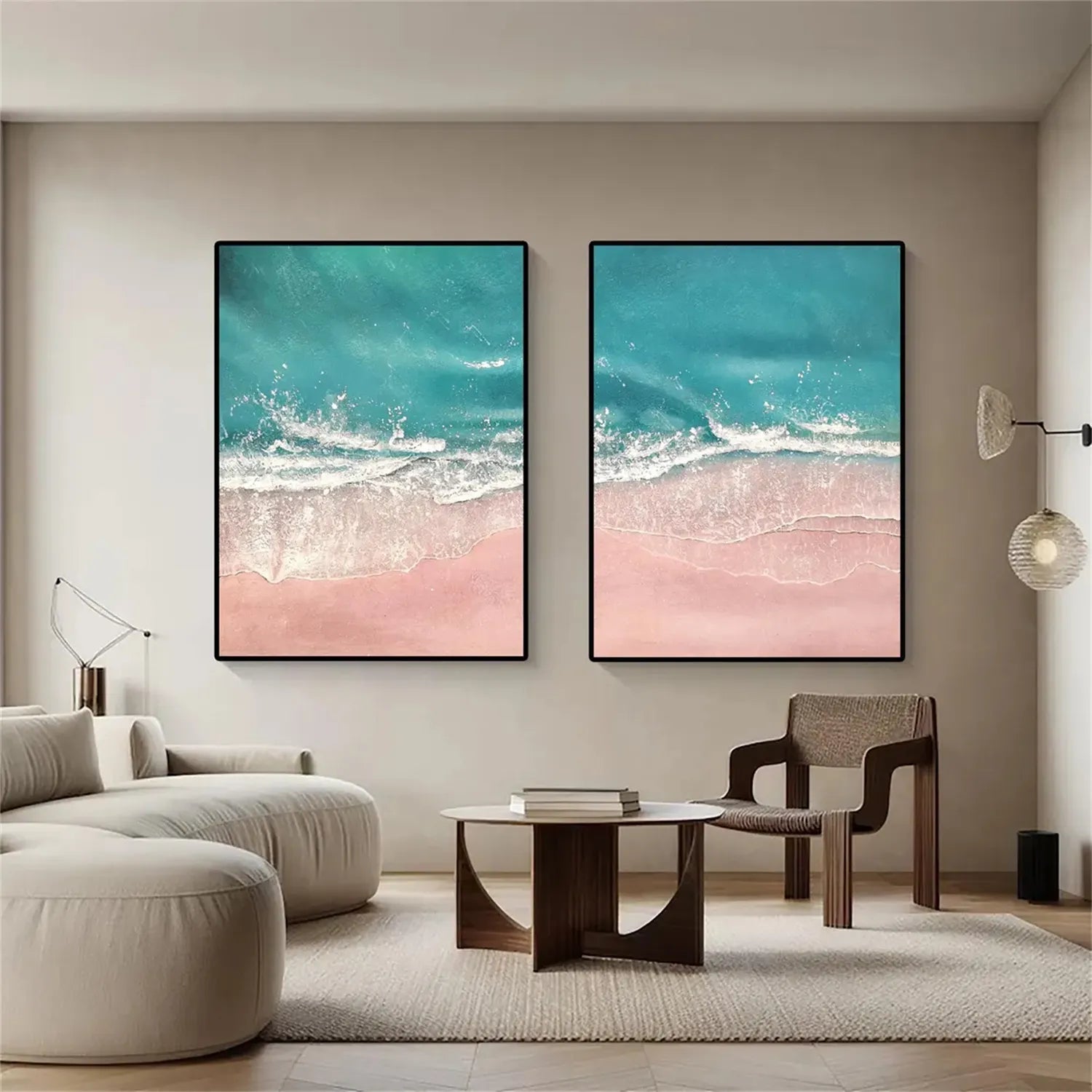 Pink Sand Blue Ocean Art - Aerial Beach Painting Wall Decor #JJ 196
