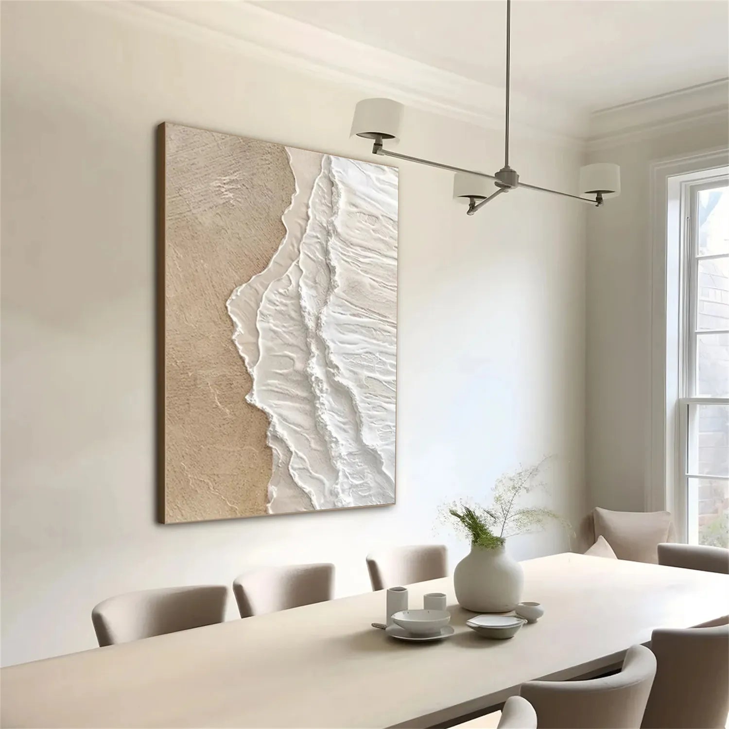 Vertical Beige and White Textured Beach Abstract Oil Painting - Modern Serene #JJ 135