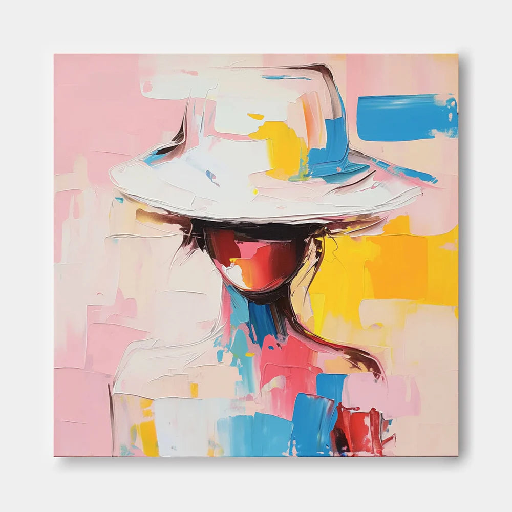 Modern Abstract Woman Oil Painting - Figure Art with Hat #JJ 048