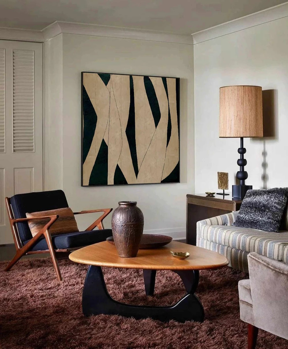 Abstract Modern Canvas Art – Flowing Lines in Black and Beige #JJ 010