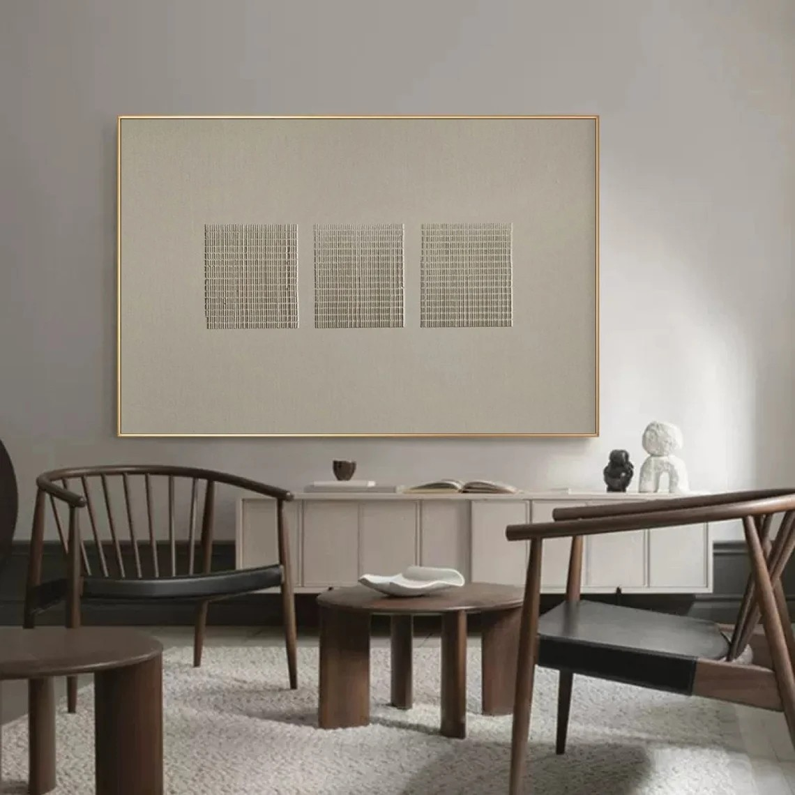 Modern Beige Wabi Sabi Art with Textured Grid for Room Decor #TC 020