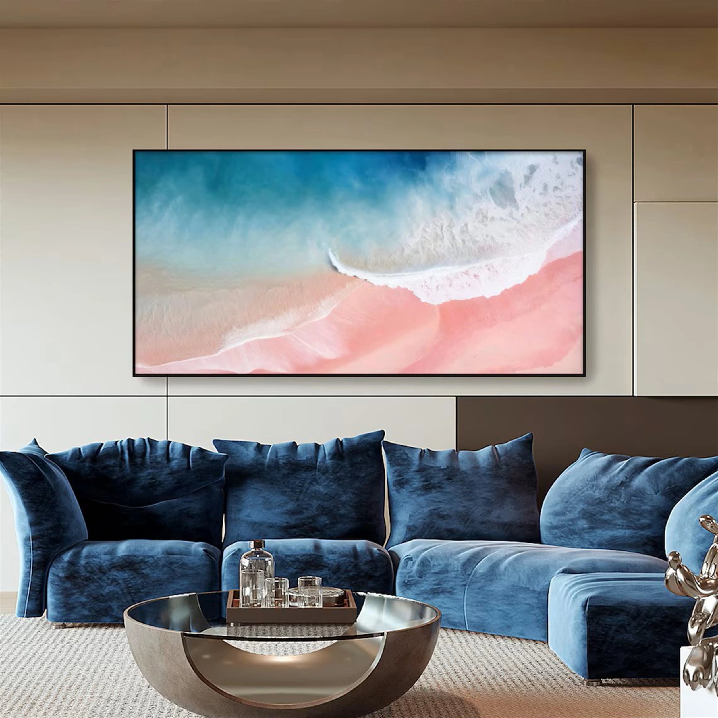 Serene Pink Teal Aerial Beach Abstract Sea Waves Texture Painting Canvas #JJ 265