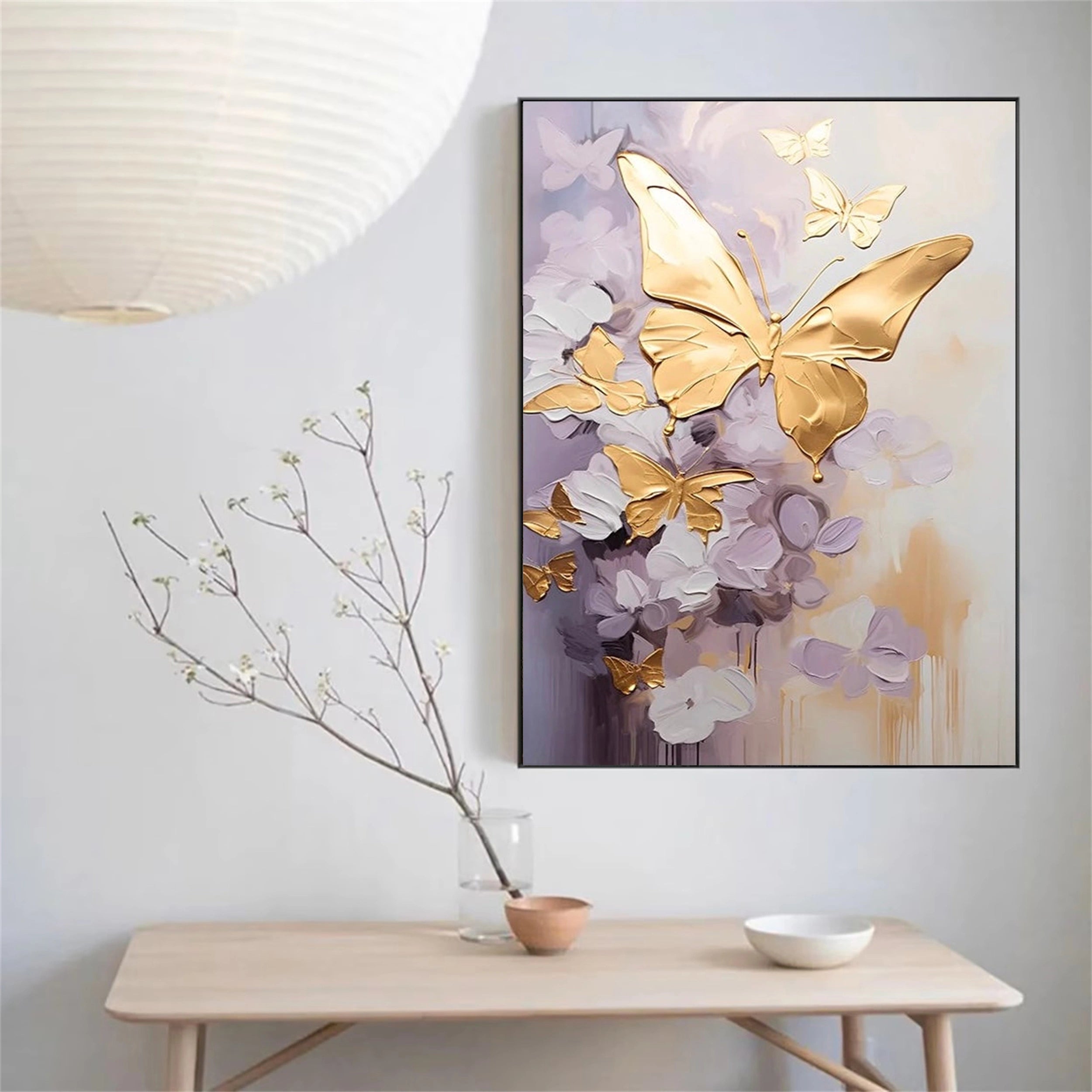 Large Gold Butterfly Purple Floral Canvas Wall Art #ZZ 212