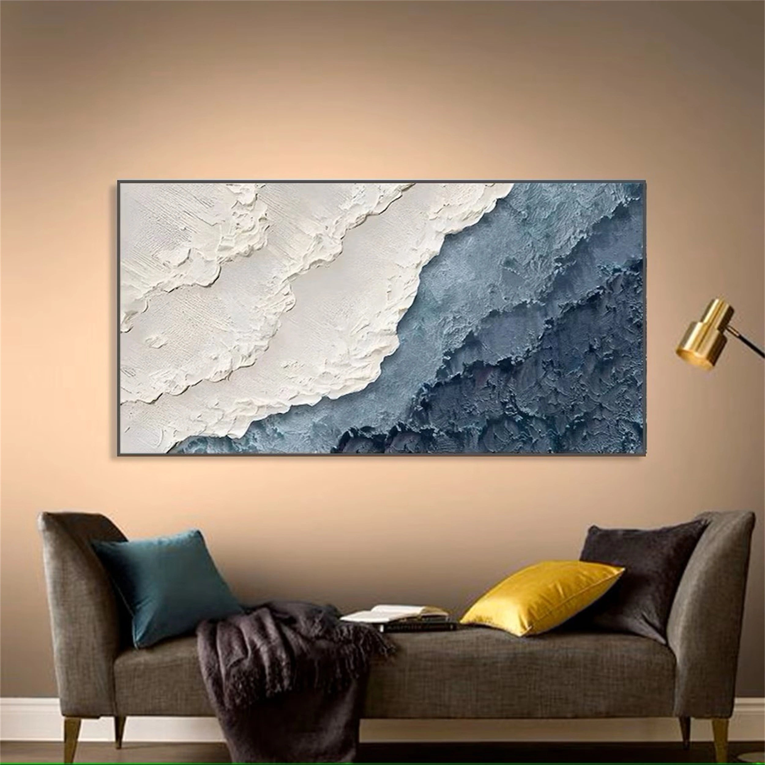 Textured White Blue Ocean Waves Abstract Wall Art #JJ 269