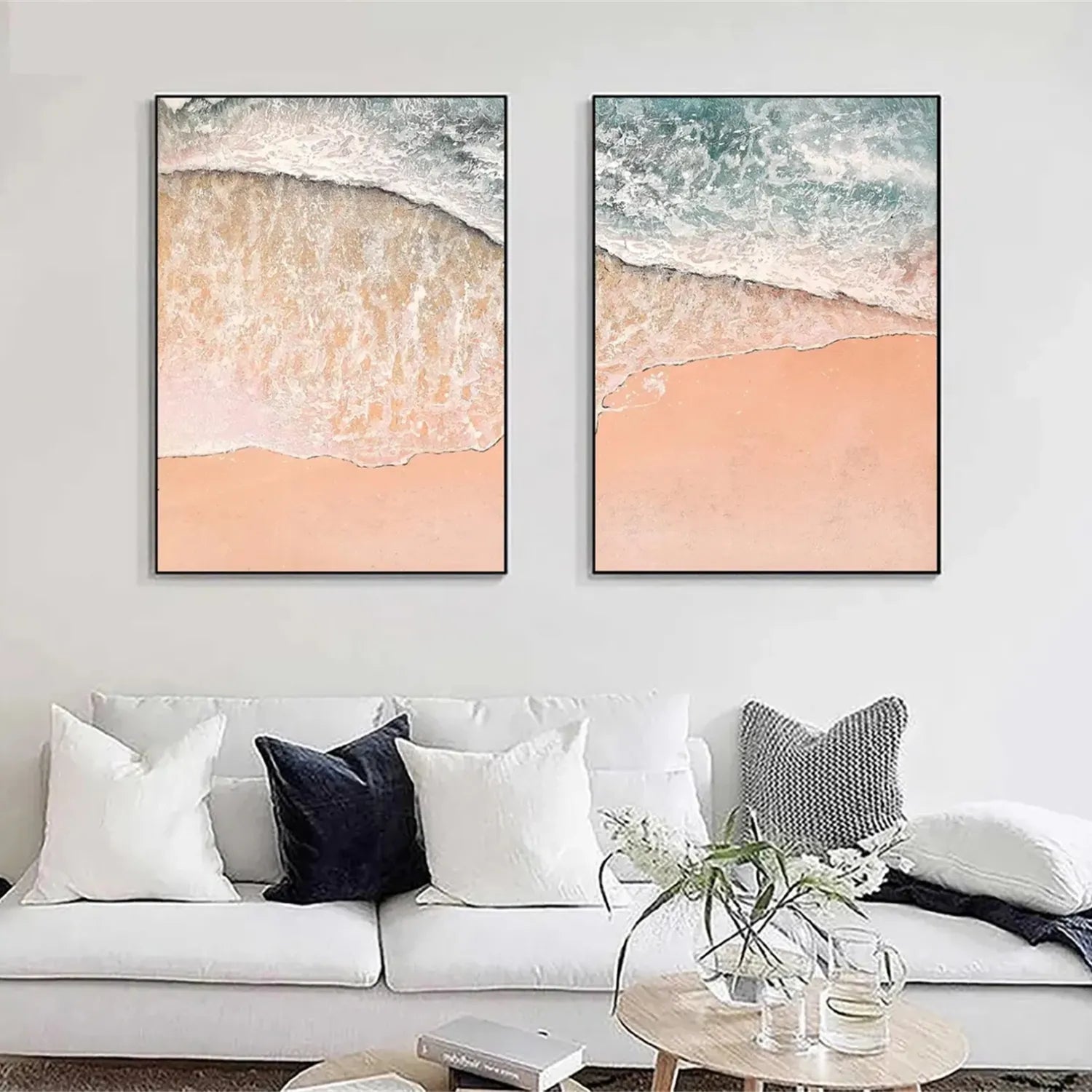 Handmade Pink Beach Art - Pale Blue Ocean View Wall Decor #JJ 197