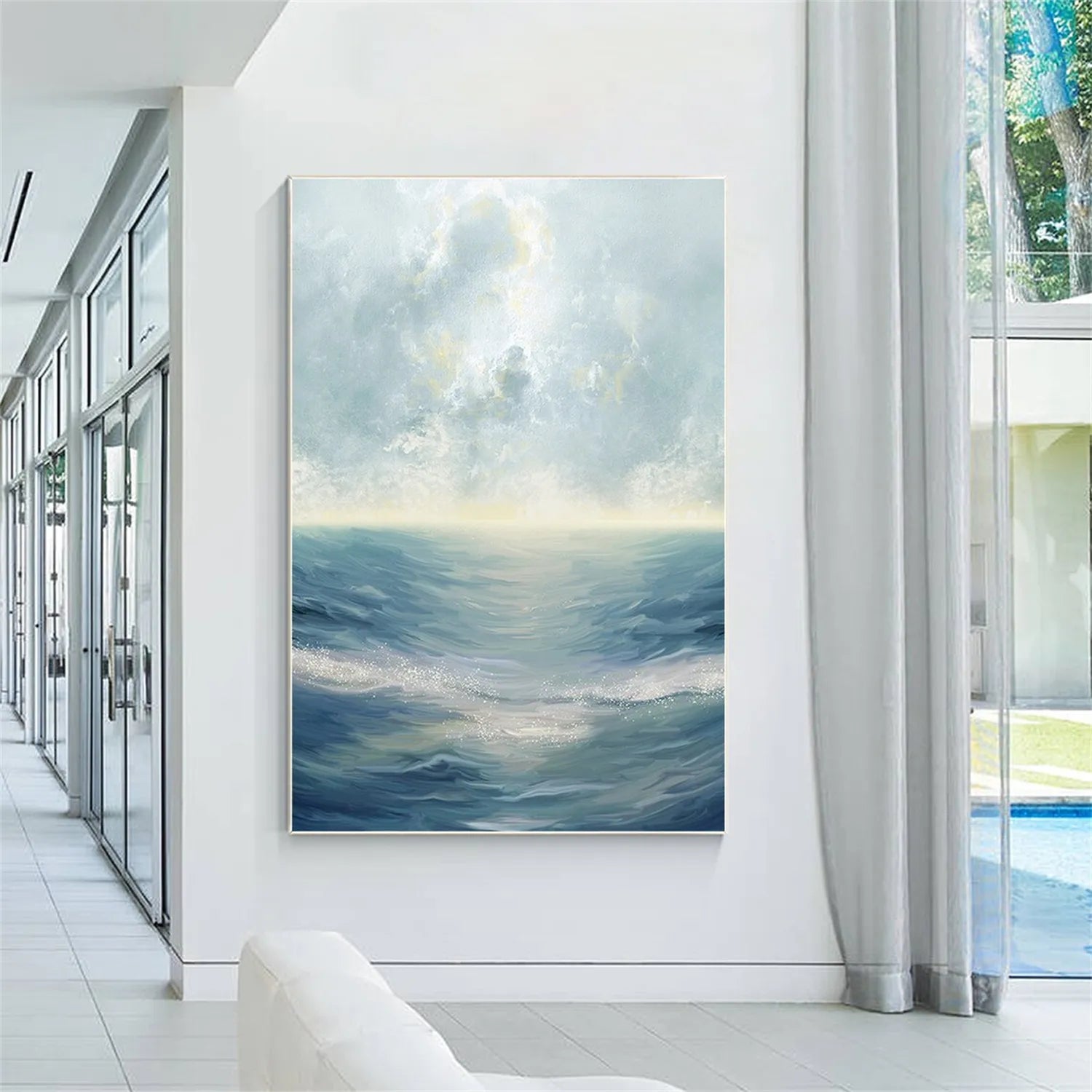 Soft Blue and Beige Ocean Sky Abstract Oil Painting - Modern Serene Art #JJ 121