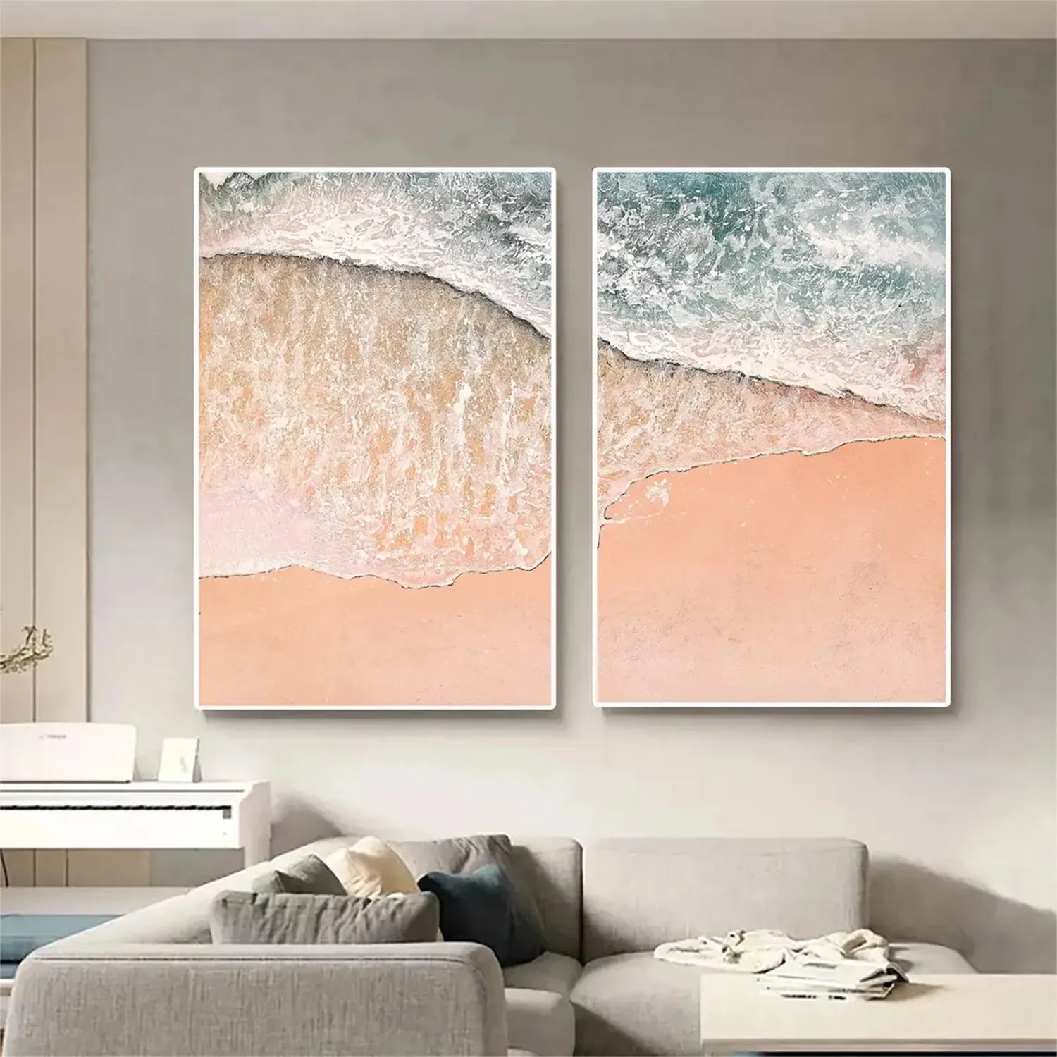 Handmade Pink Beach Art - Pale Blue Ocean View Wall Decor #JJ 197