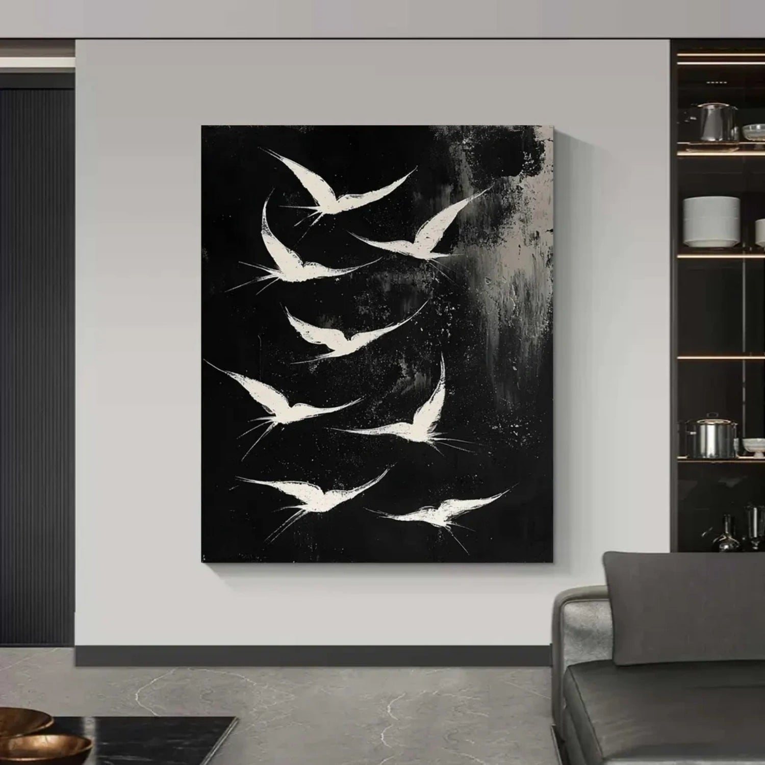 Abstract White Birds Canvas: Minimalist Flight Art #ZZ 032
