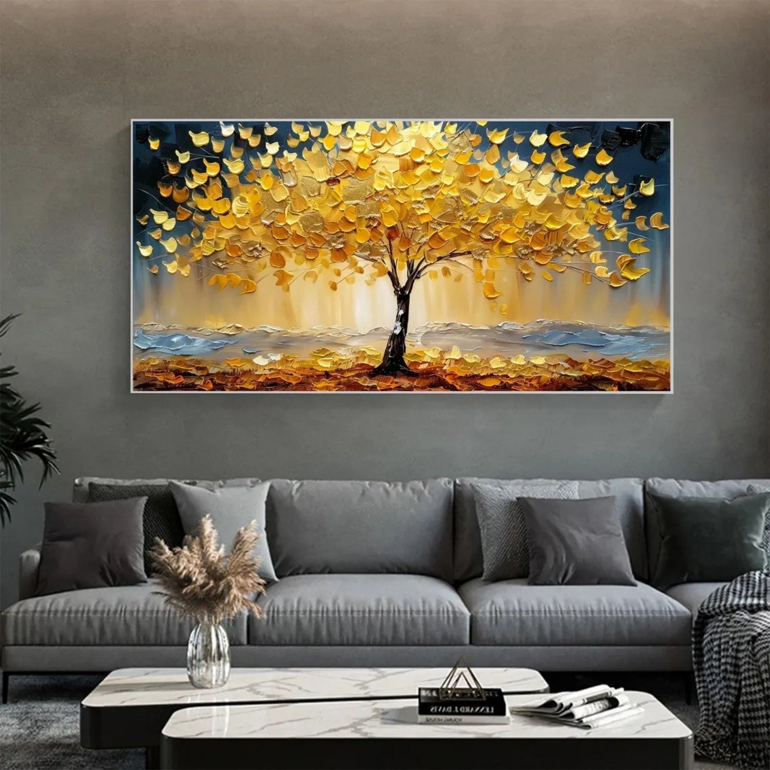 Textured Golden Leaf Tree Painting | Hand-Painted Art#JJ 317
