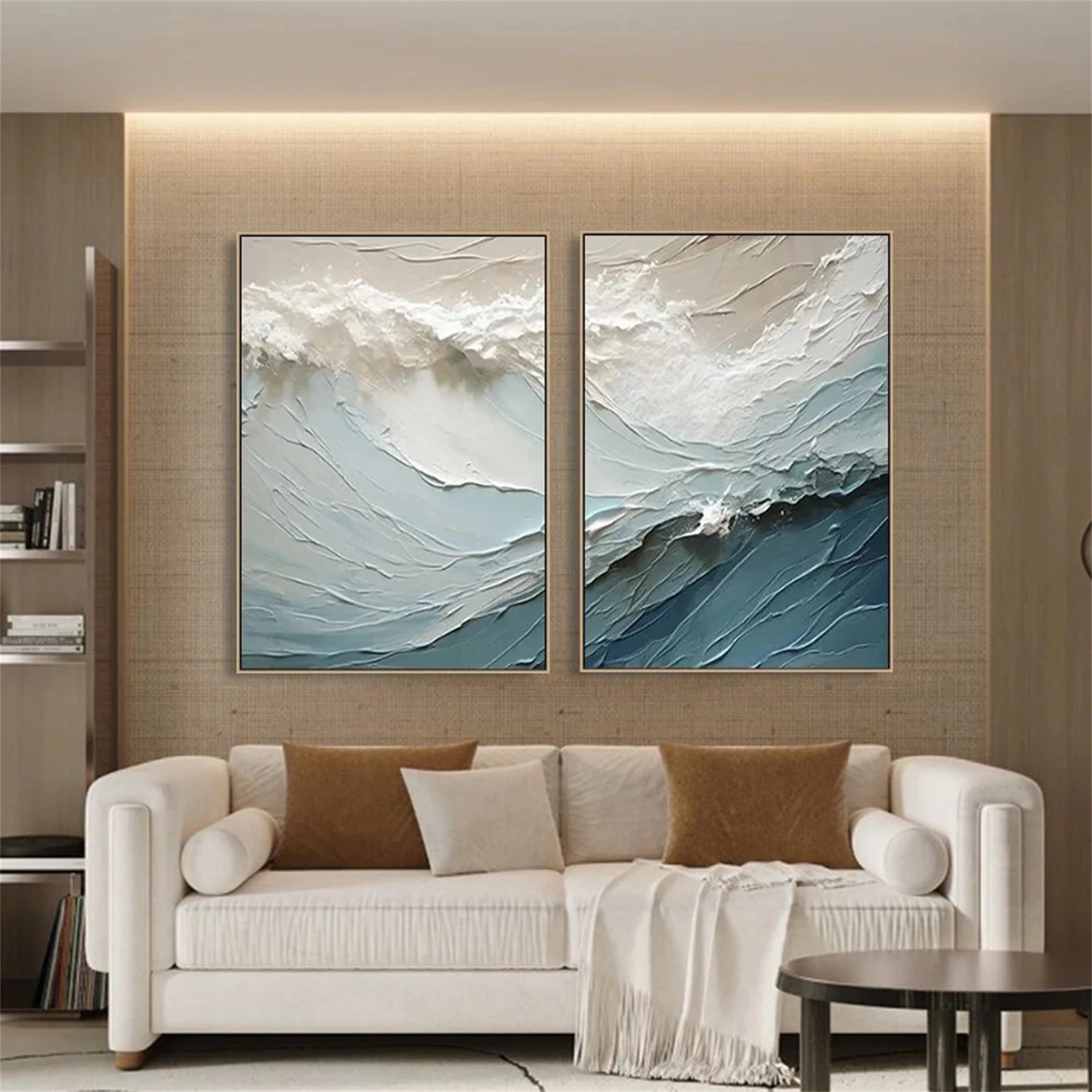 Blue Textured Wave Diptych: Abstract Coastal Art Set of 2 #ZZ 051