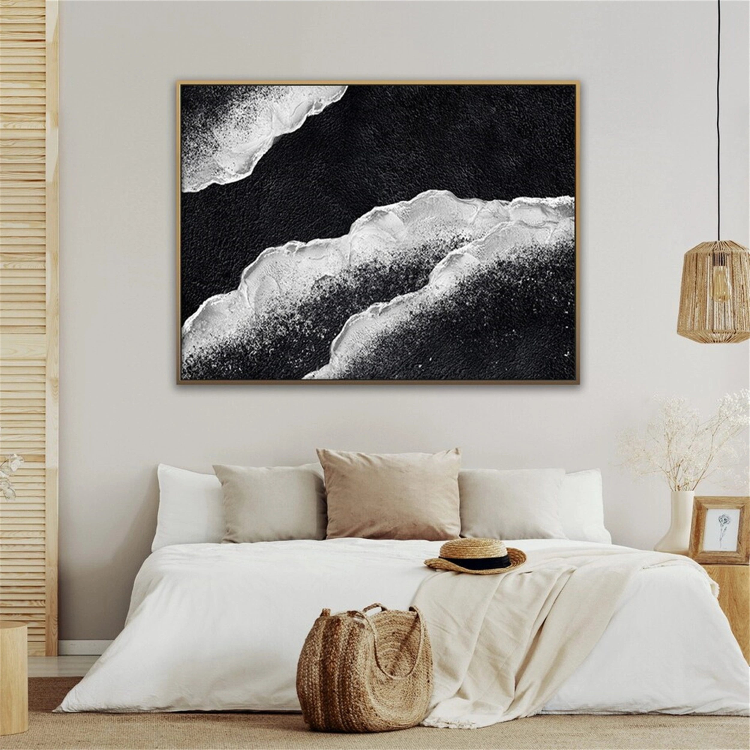 Tidal Minimal Oil Painting- Black and White Artwork Framed #JJ 281
