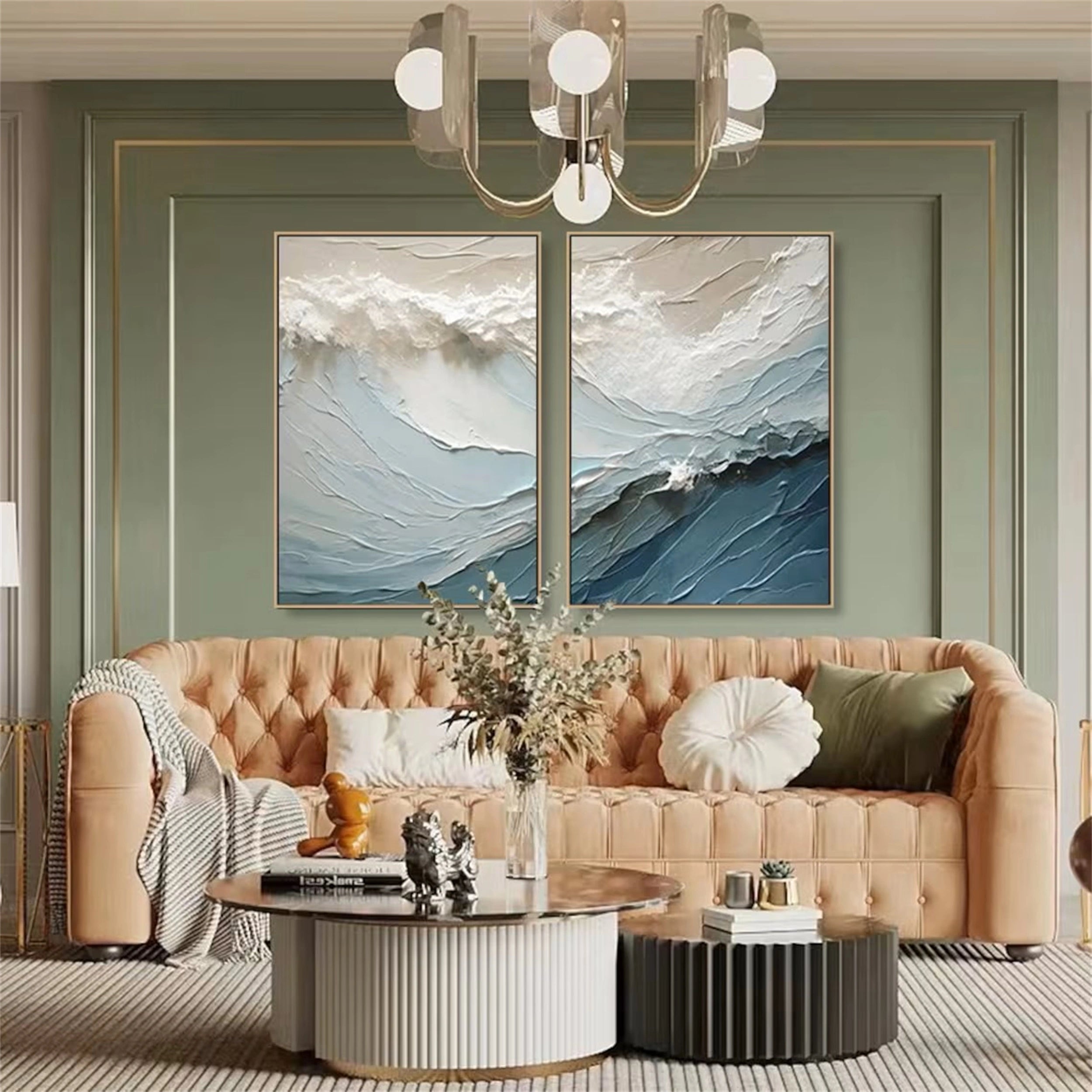 Blue Textured Wave Diptych: Abstract Coastal Art Set of 2 #ZZ 051