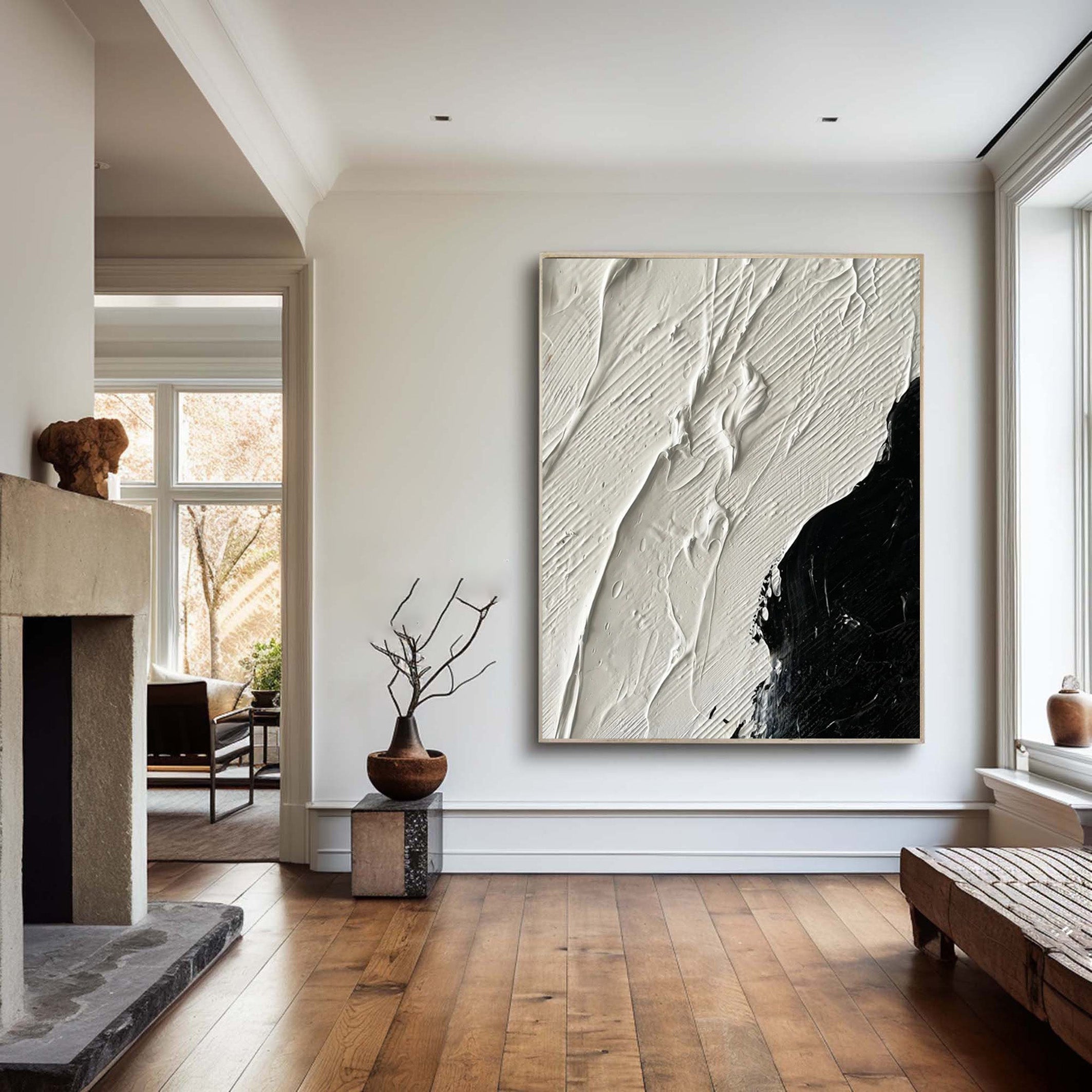 Black and White Textured Abstract Oil Painting - Modern Minimalist #JJ 056