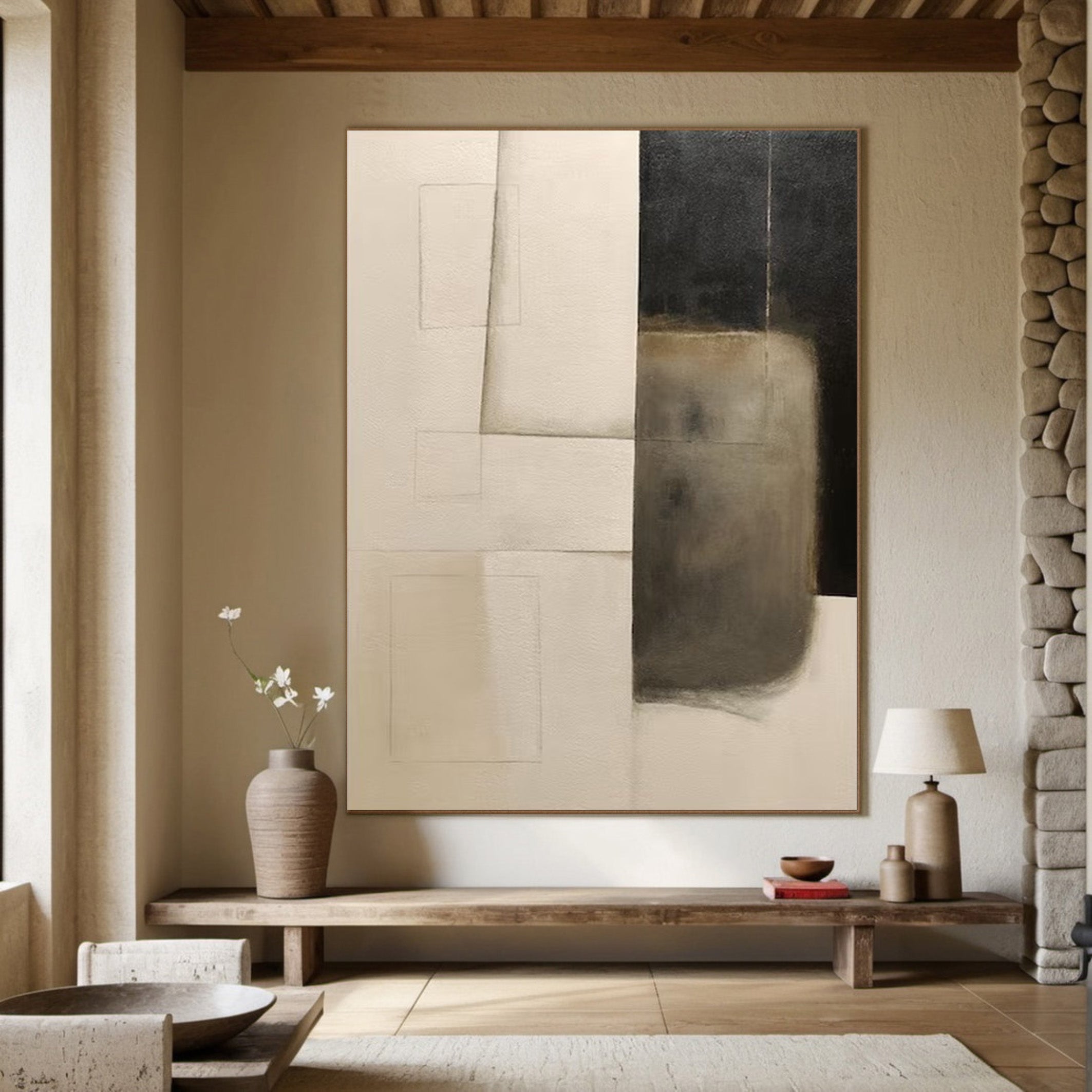 Minimalist Abstract Oil Painting - Beige Black Geometric Canvas Art #JJ 001