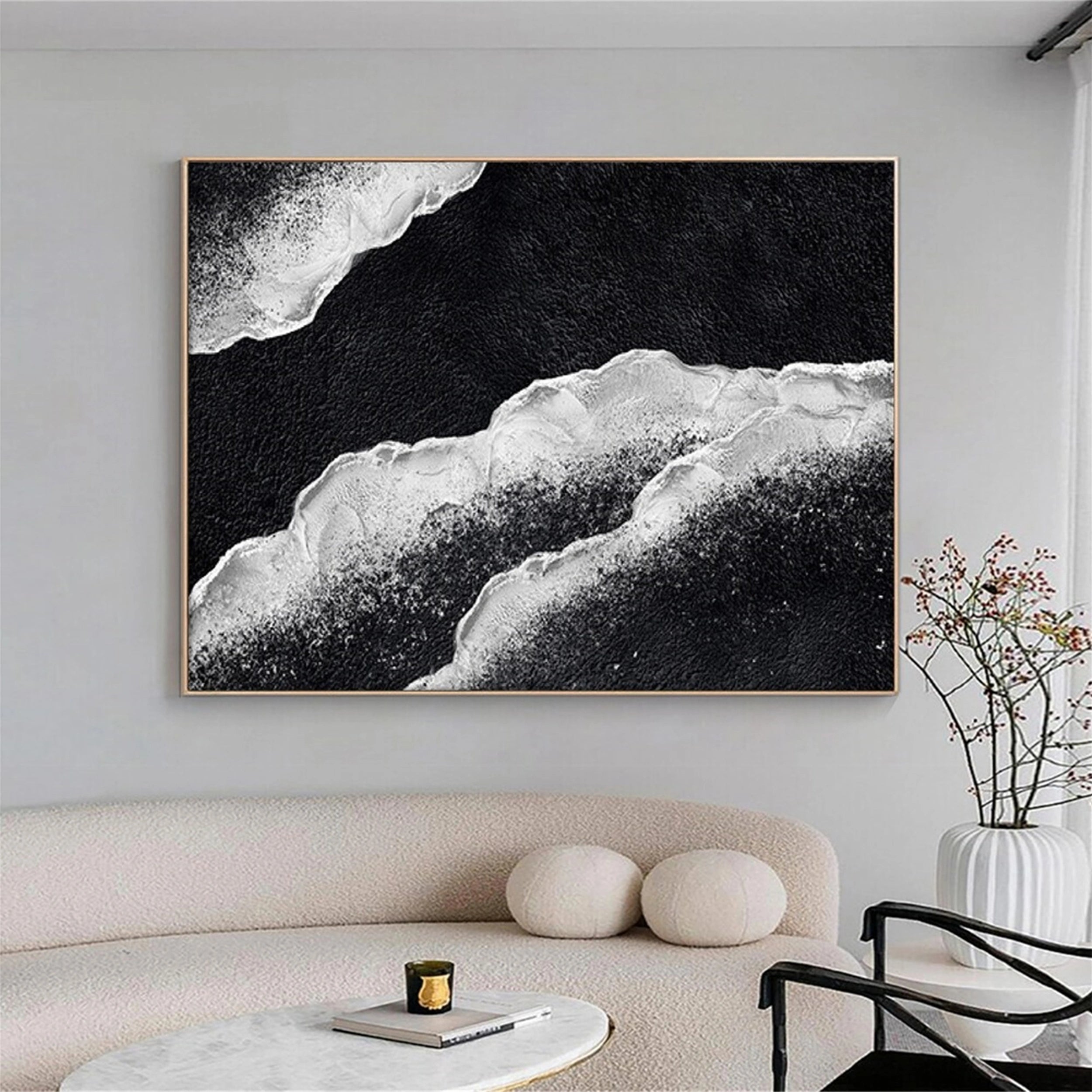 Tidal Minimal Oil Painting- Black and White Artwork Framed #JJ 281