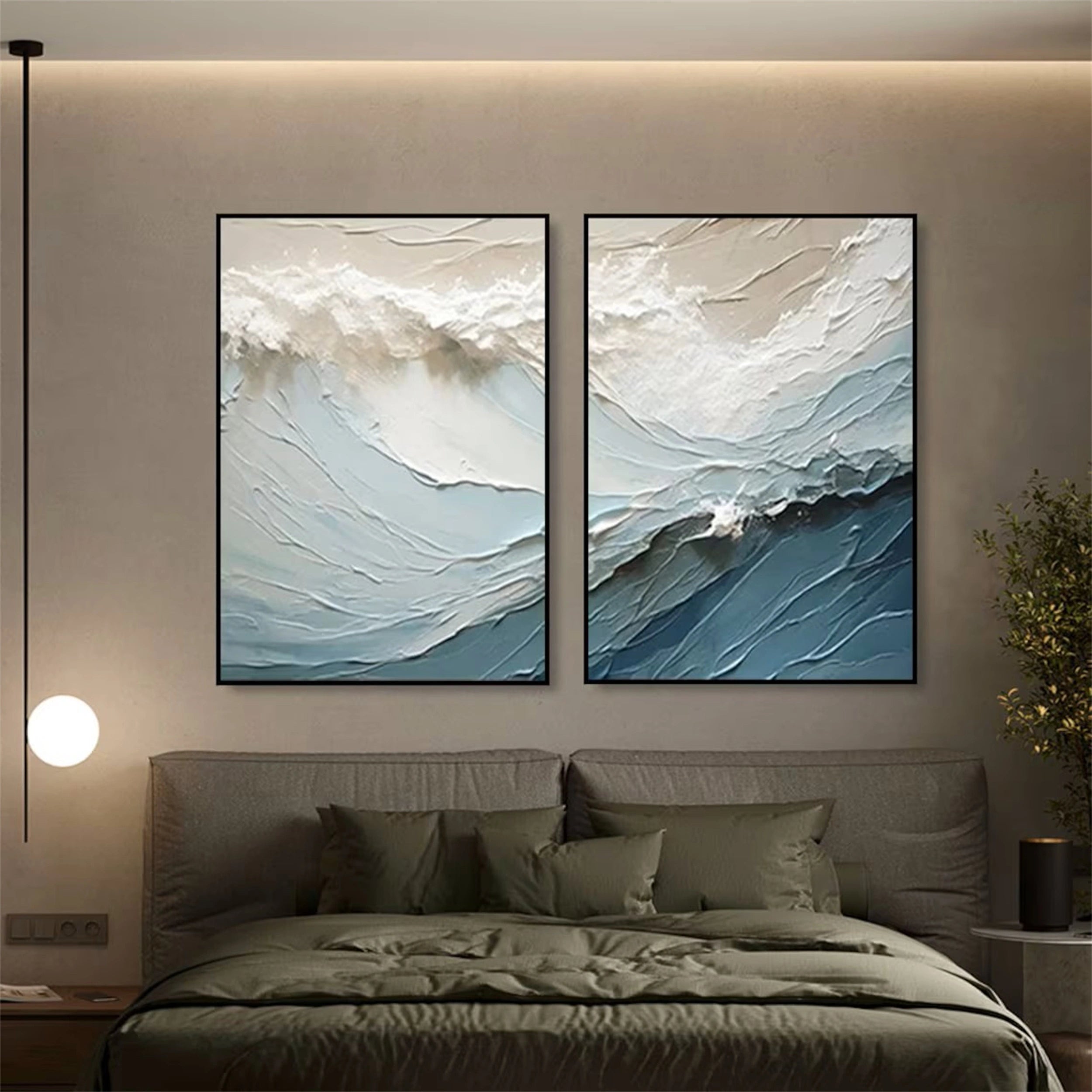 Blue Textured Wave Diptych: Abstract Coastal Art Set of 2 #ZZ 051