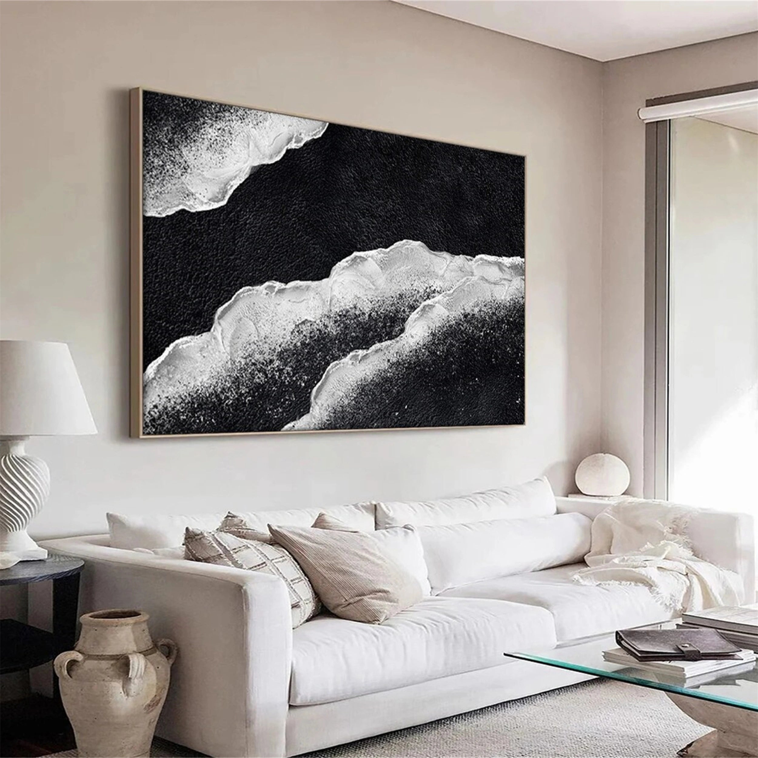 Tidal Minimal Oil Painting- Black and White Artwork Framed #JJ 281