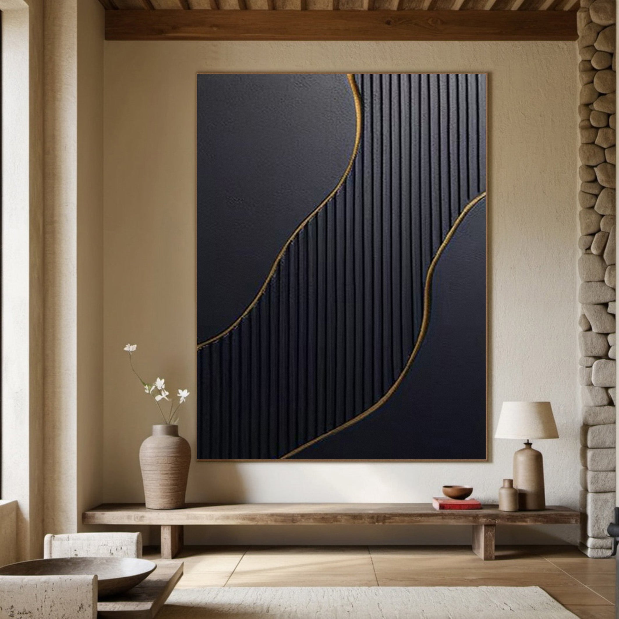 Textured Black and Gold Abstract Art | Modern Linear Canvas Painting #JJ 057