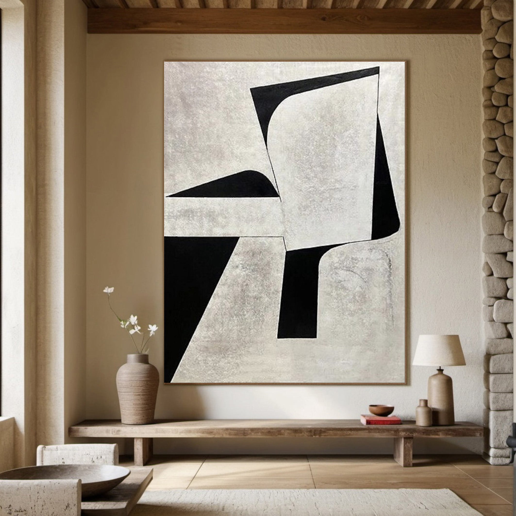 Minimalist Geometric Abstract Art - Black and White Block Oil Painting #JJ 060