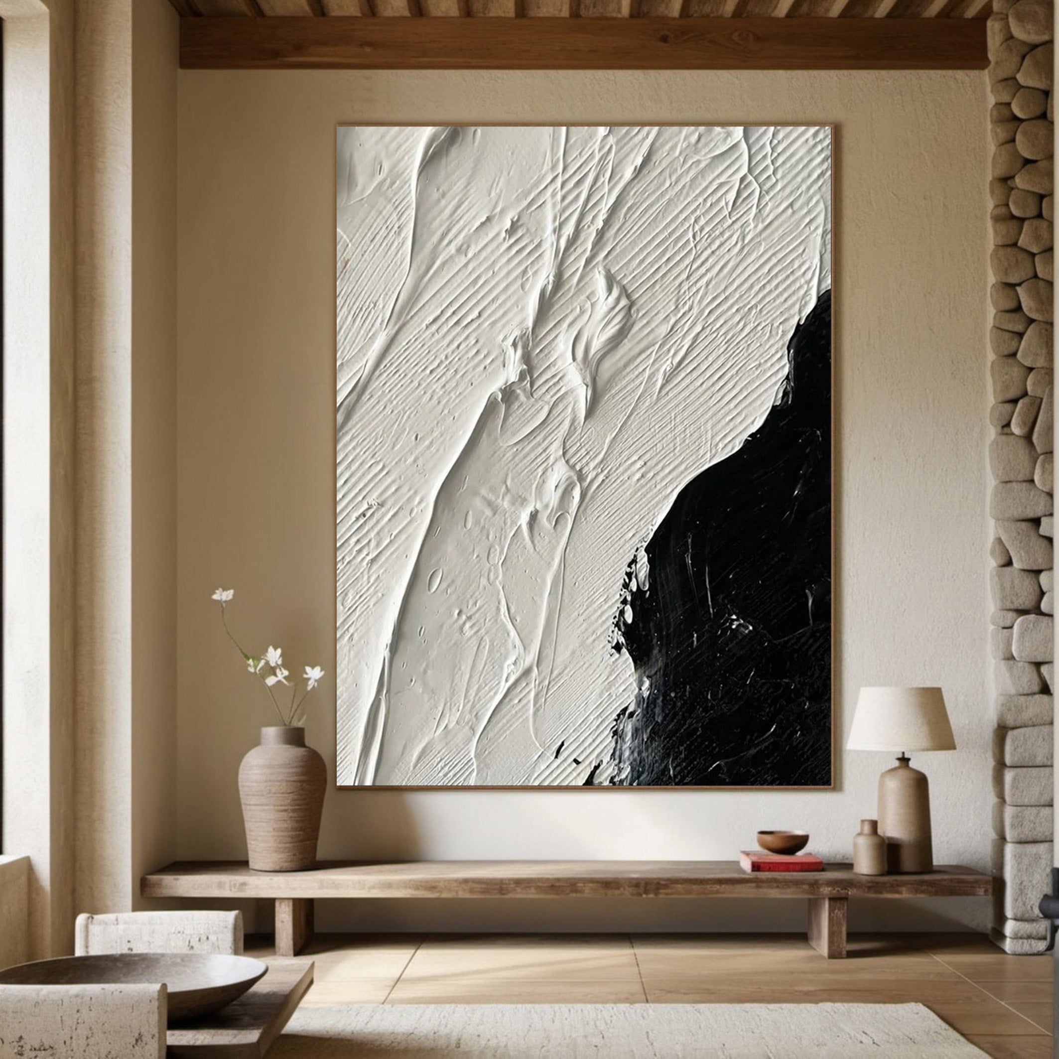 Black and White Textured Abstract Oil Painting - Modern Minimalist #JJ 056