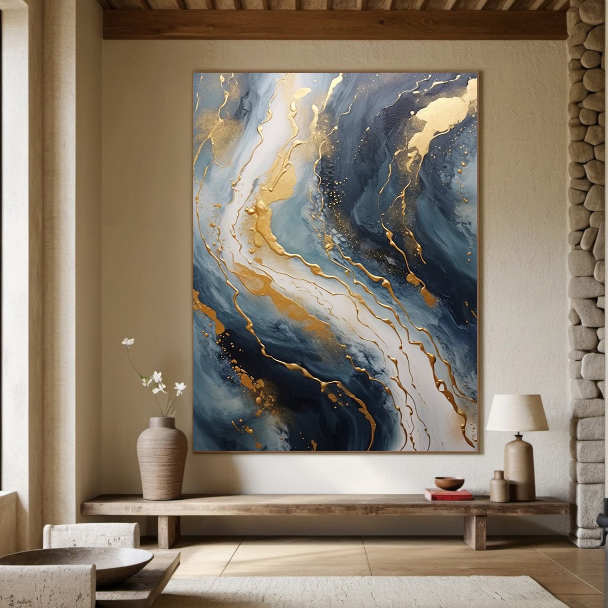 Abstract Gold and Blue Wall Art - Modern Canvas Painting #JJ 058