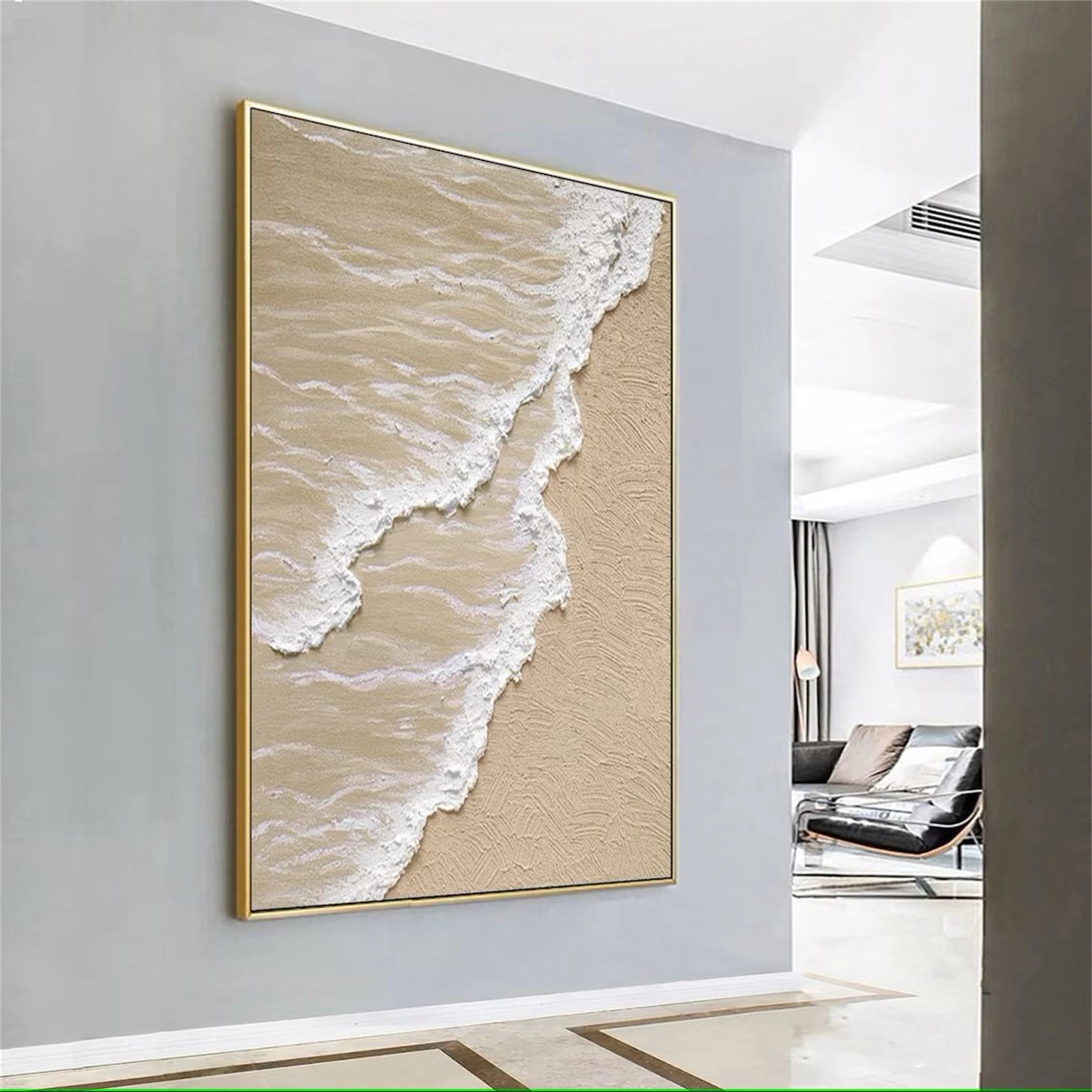 Large Textured Beach Shoreline Painting | 3D Coastal Abstract Art #ZZ 052