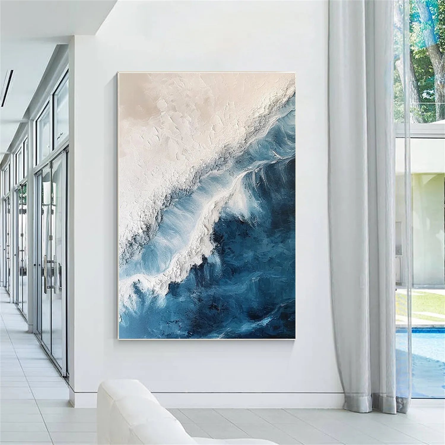 Blue White Beige Textured Beach Abstract Oil Painting - Modern Serene Art #JJ 120
