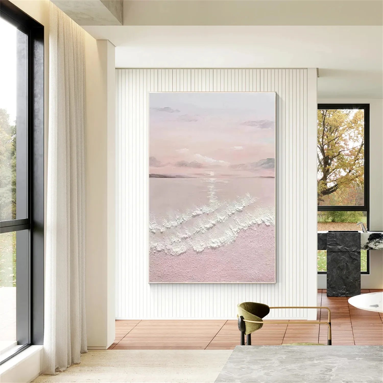 Large Wall Art Pink White Soft Waves Coastal -Handmade Abstract Art #JJ 222