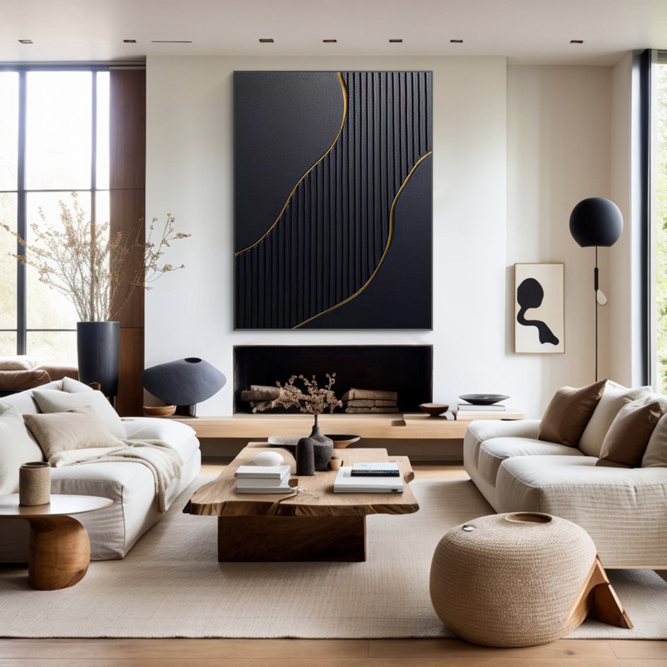 Black and Gold Textured Abstract Oil Painting - Modern Luxury Art #JJ 057