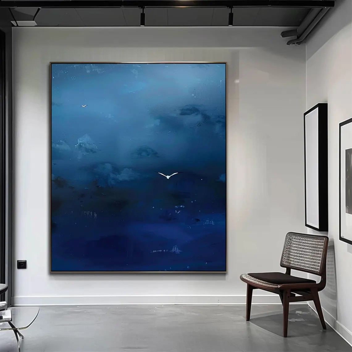 Deep Blue Abstract Oil Painting with Flying Birds Wall Art #TC 028