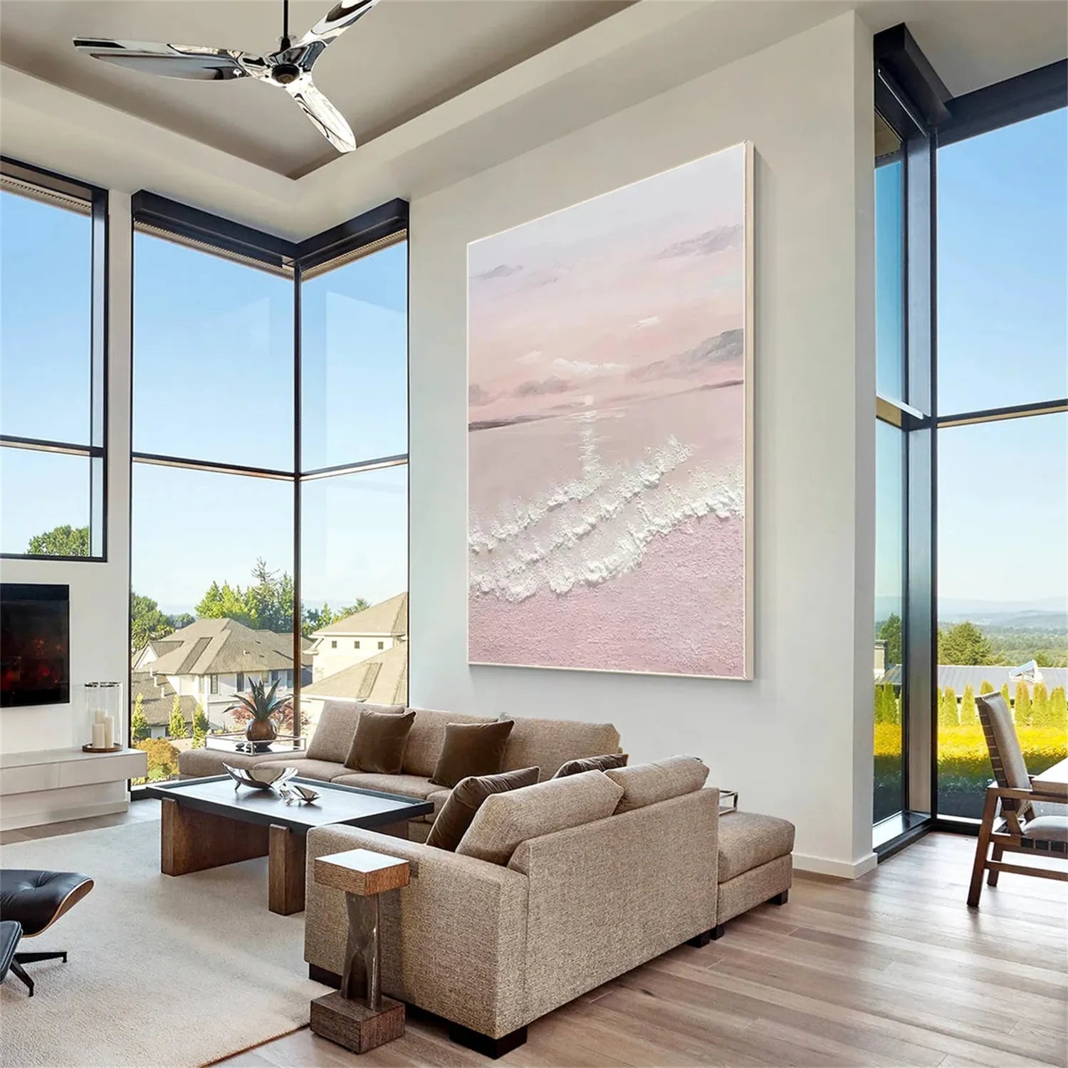 Large Wall Art Pink White Soft Waves Coastal -Handmade Abstract Art #JJ 222