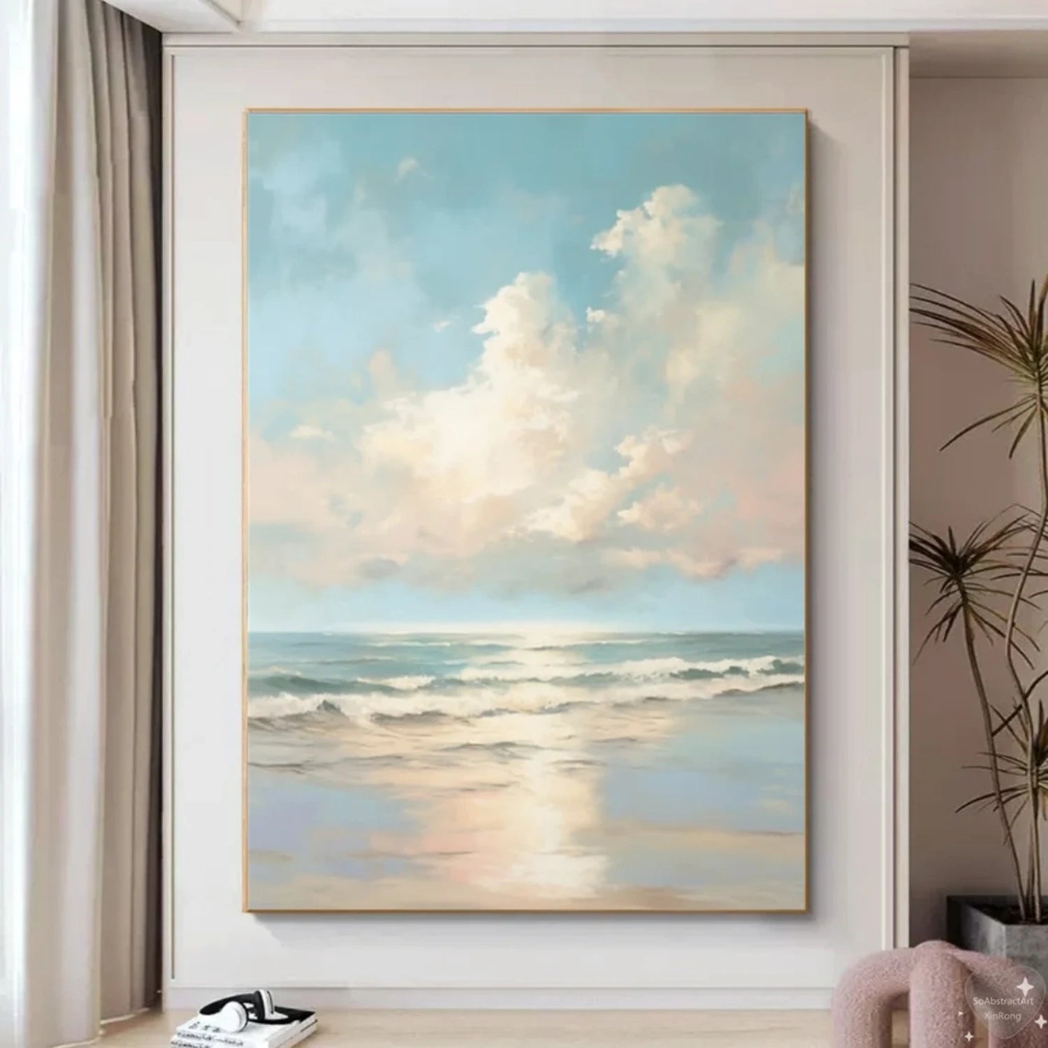 Calm Coastal Sky and Sea Abstract - Soft Blue and Beige Oil Painting #JJ 118